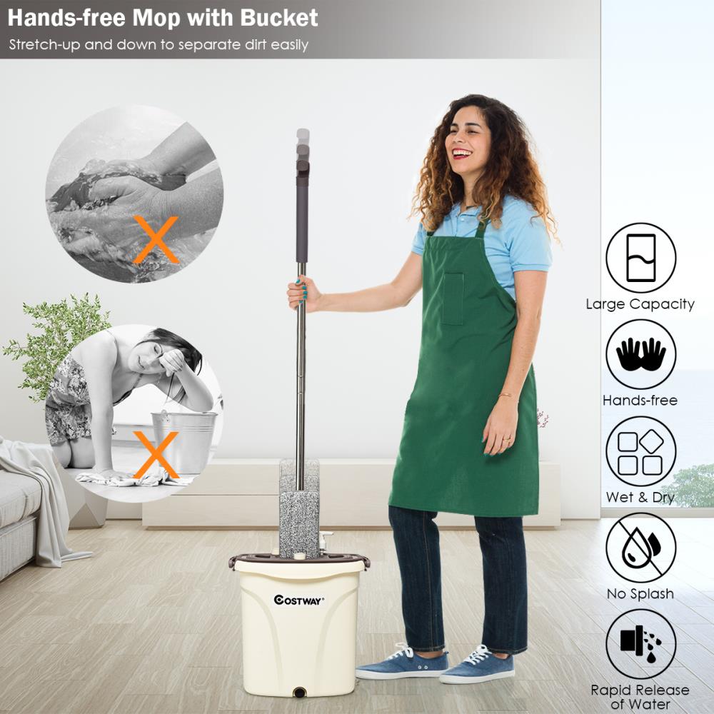 Spray Flat Squeeze Mop Bucket Microfiber Pads Hand Free Wringing Floor Cleaning 