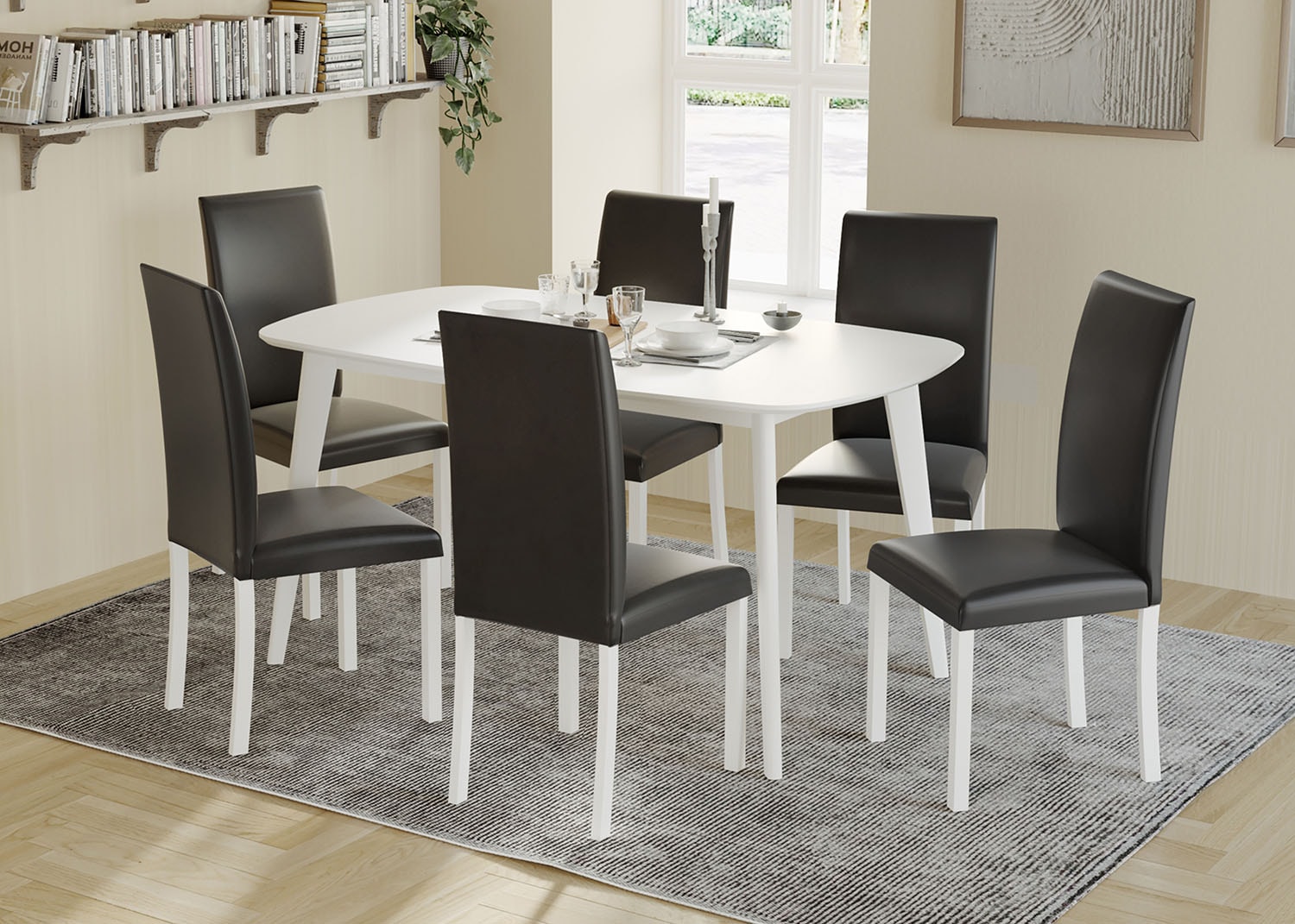CasePiece C3025T59-WT-WD-BK-C2 White Transitional Dining Room Set with Rectangular Table ( Seats 6 )