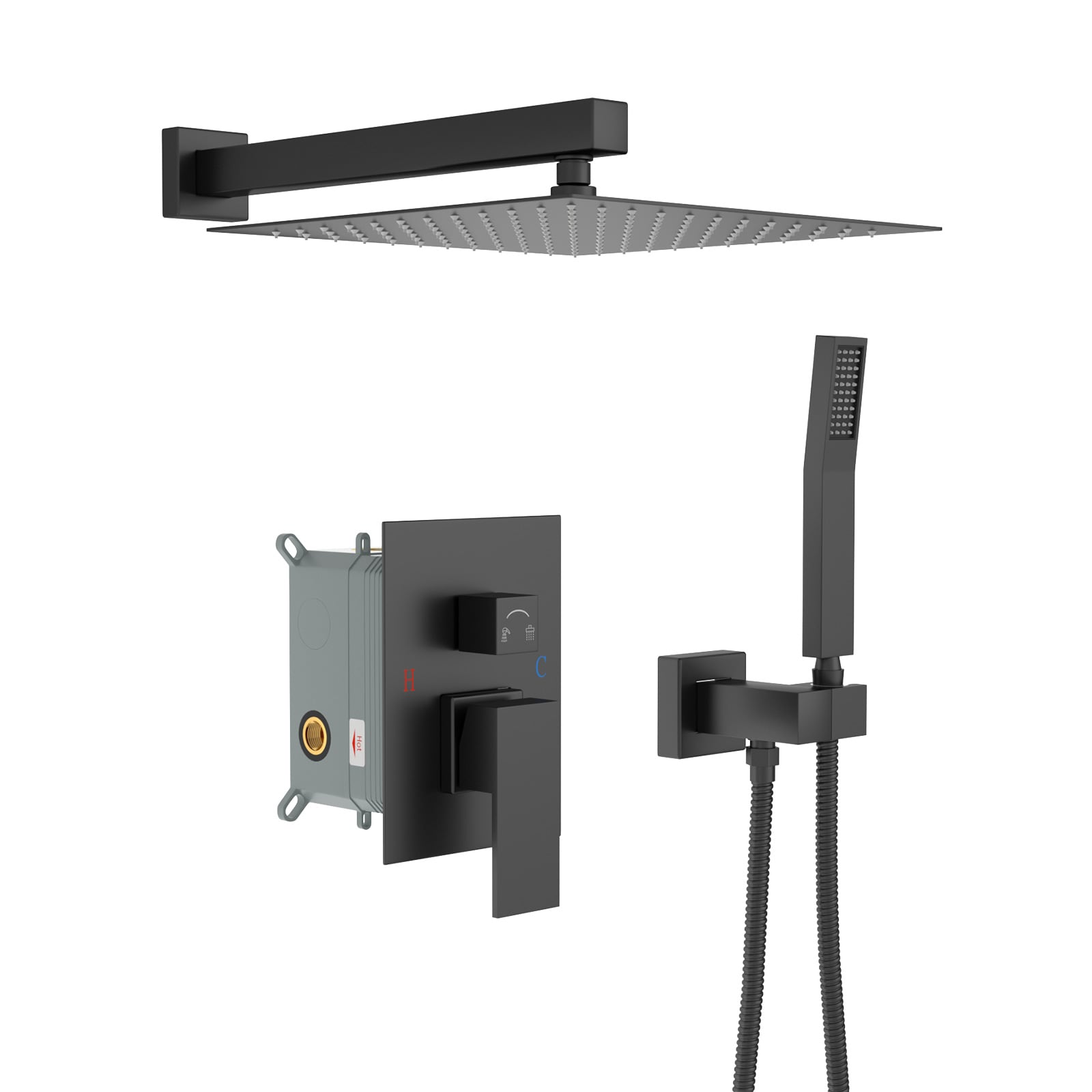 Lordear - Wall Mounted Hand Shower Head System Matte Black 10-in Rainfall Dual Head Built-In Show...