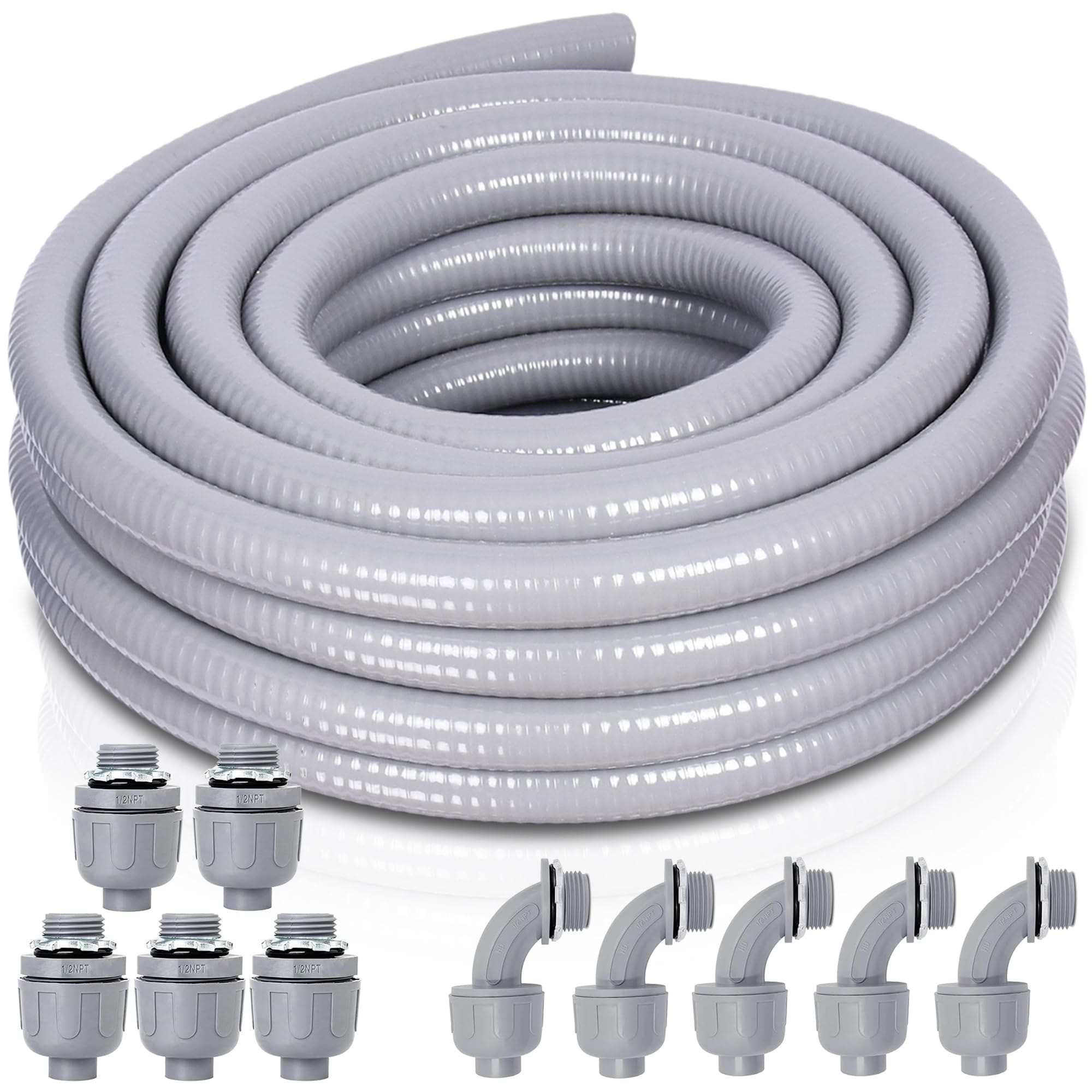 Etokfoks - 1 2 in x 25 ft Gray Non Metallic PVC Flexible Liquid Tight Electrical Conduit Kit for...