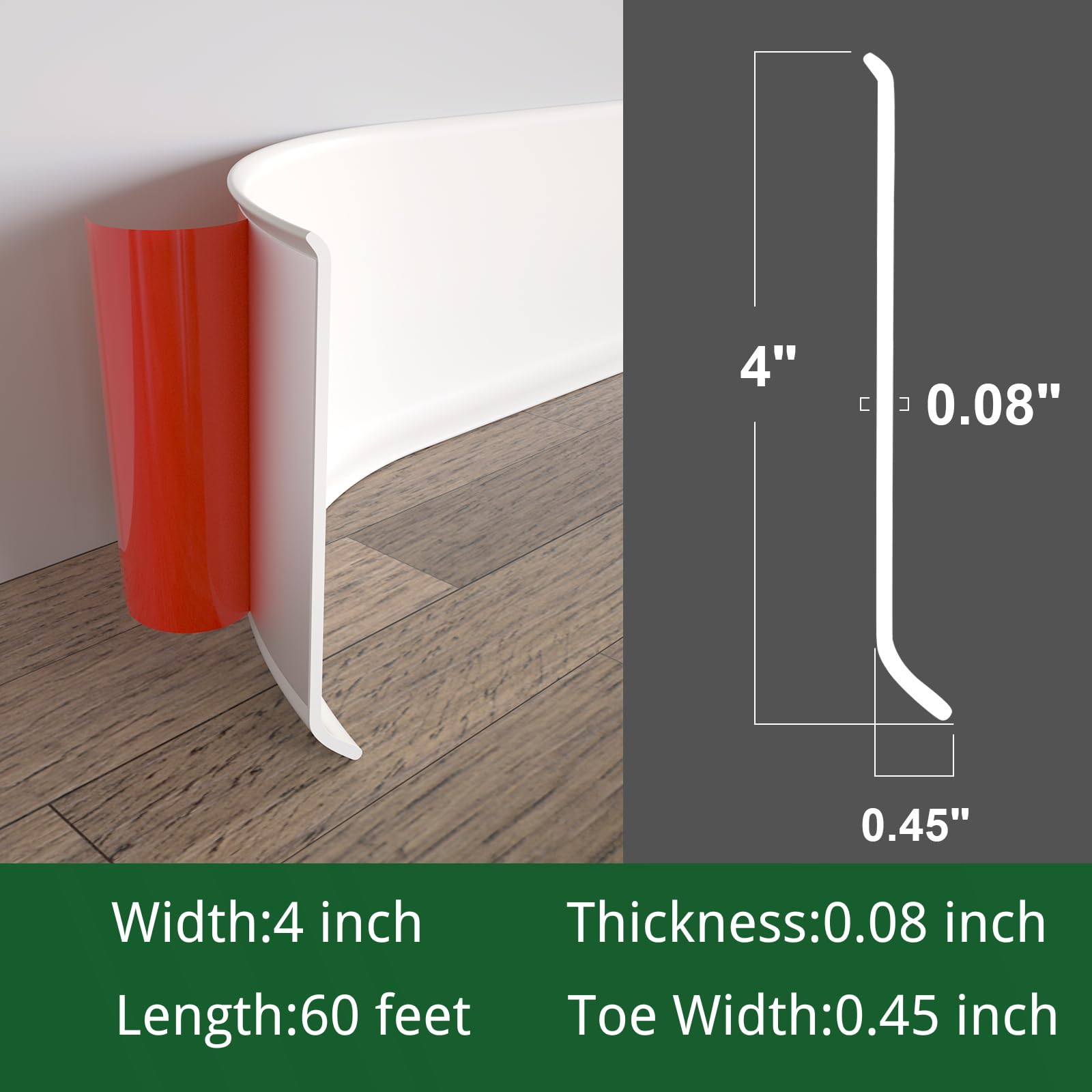 Phyfalip Flexible Baseboard Molding Trim 4 Inch by 60 Feet Peel and ...