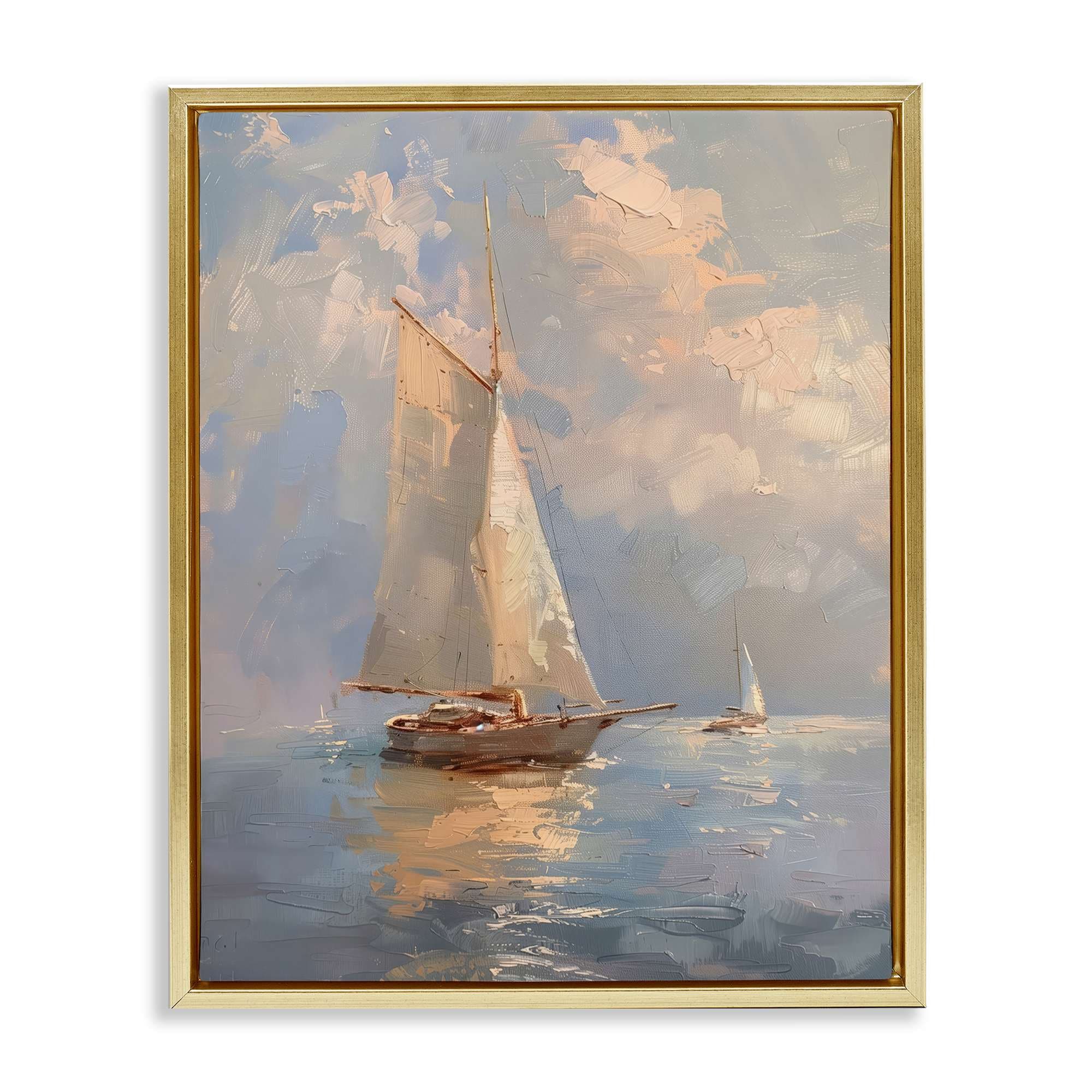 Stupell Industries BT-703-FFG-16X20 Maritime Ship on Cloudy Sea Gold Framed Floater Canvas Wall Art By Arlington Prints 17 x 21