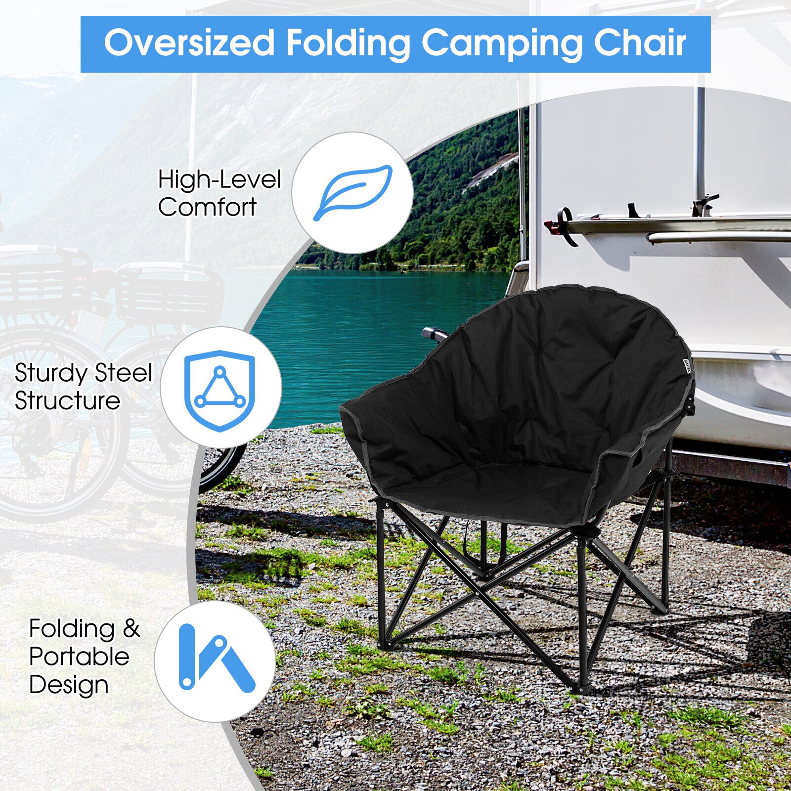 Black Folding Camping Moon Chair with Carrying Bag