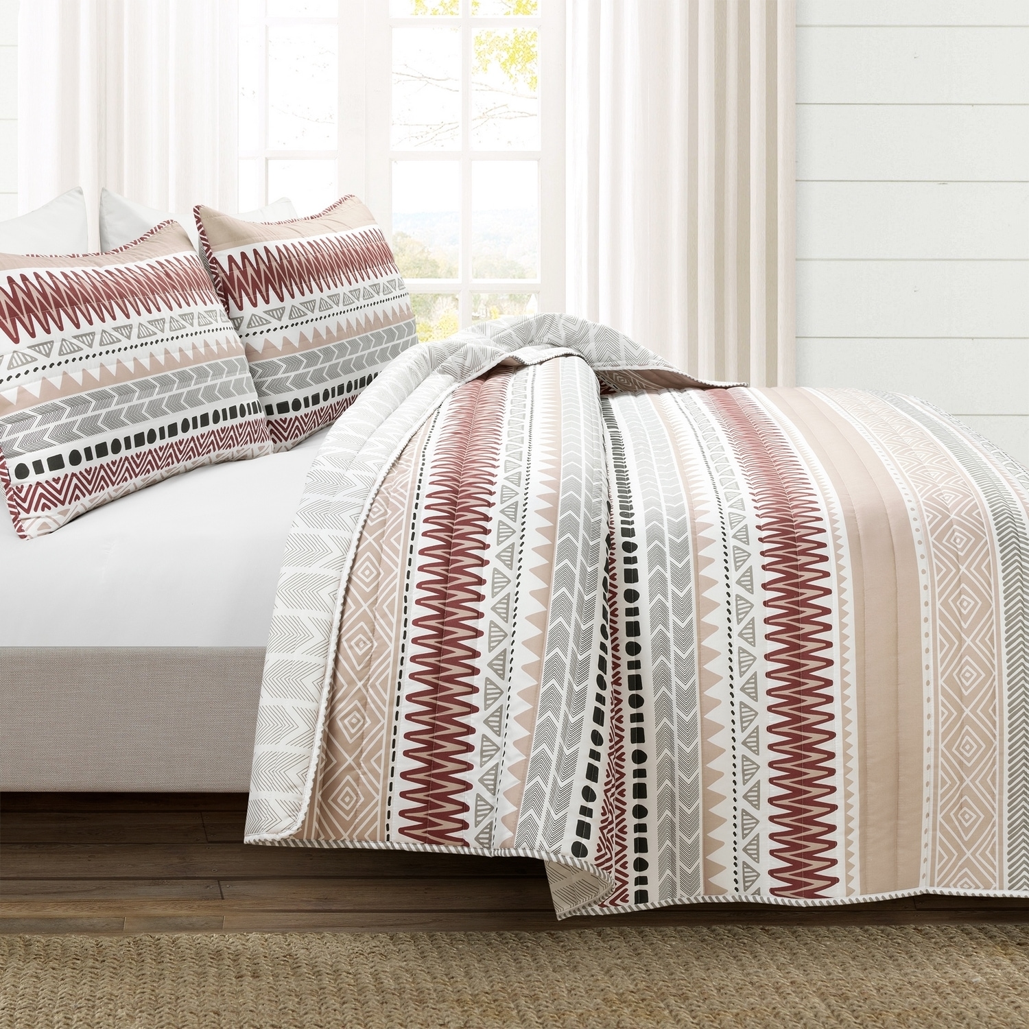 Brick Red and Neutral Microfiber Full/Queen Reversible Quilt Set