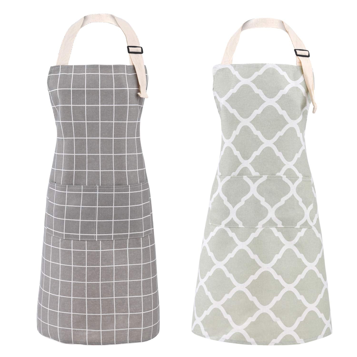 Aoibox  2 Pack Cotton Linen Waterproof Bib Aprons with 2 Pockets Adjustable Neck Strap Unisex BBQ Cooking Crafting Grey