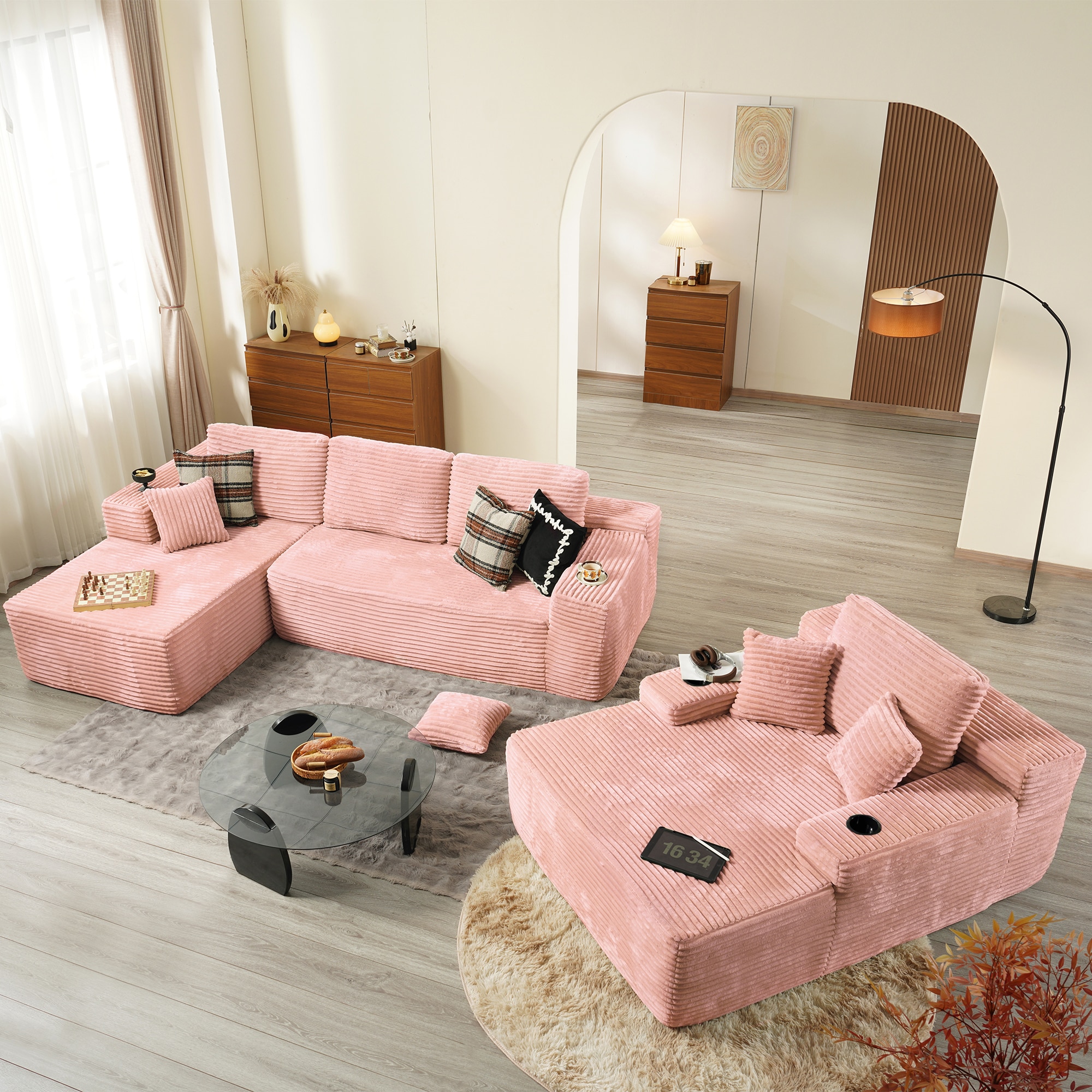 Pouuin 106.32-in W Modern Pink Cloud Plush 4-seater Sectional with Slipcover