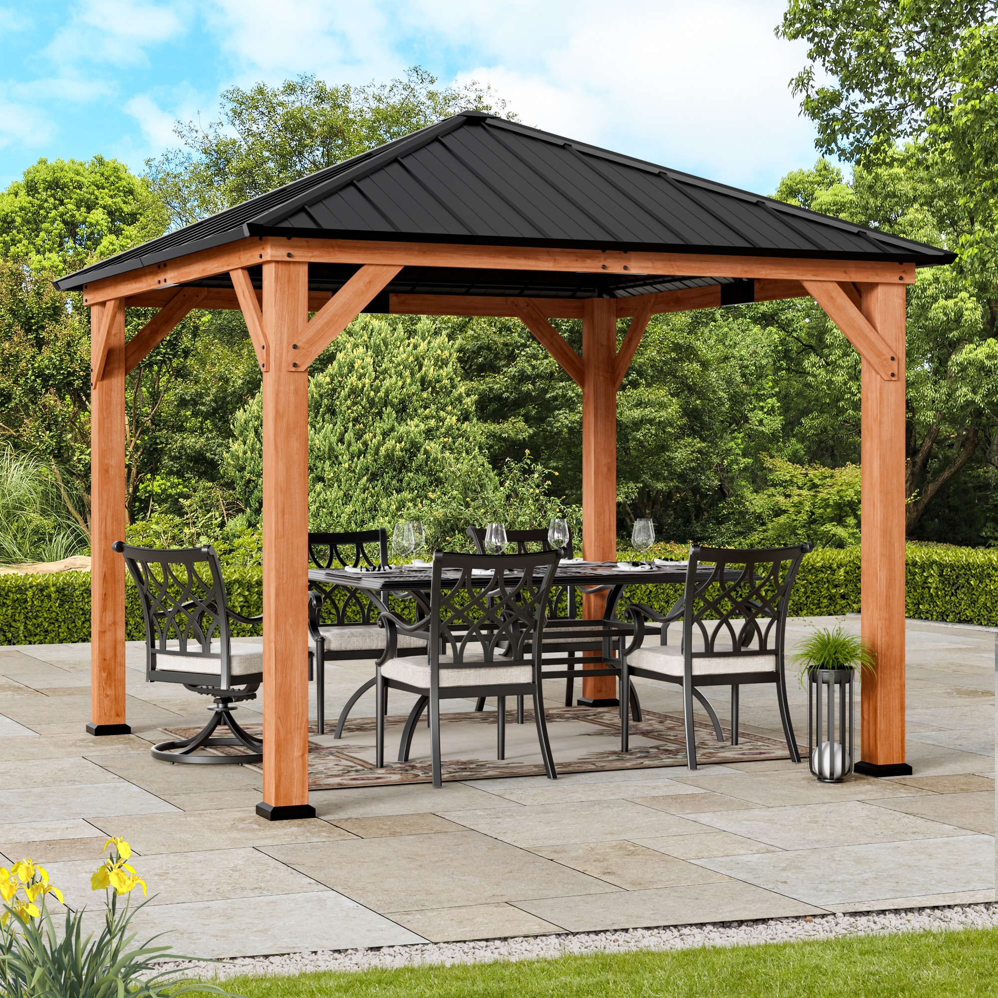 ELEVATE OUTDOORS IG0600047-1010 Brown Rectangle Semi-permanent Gazebo with Hardtop Steel Roof