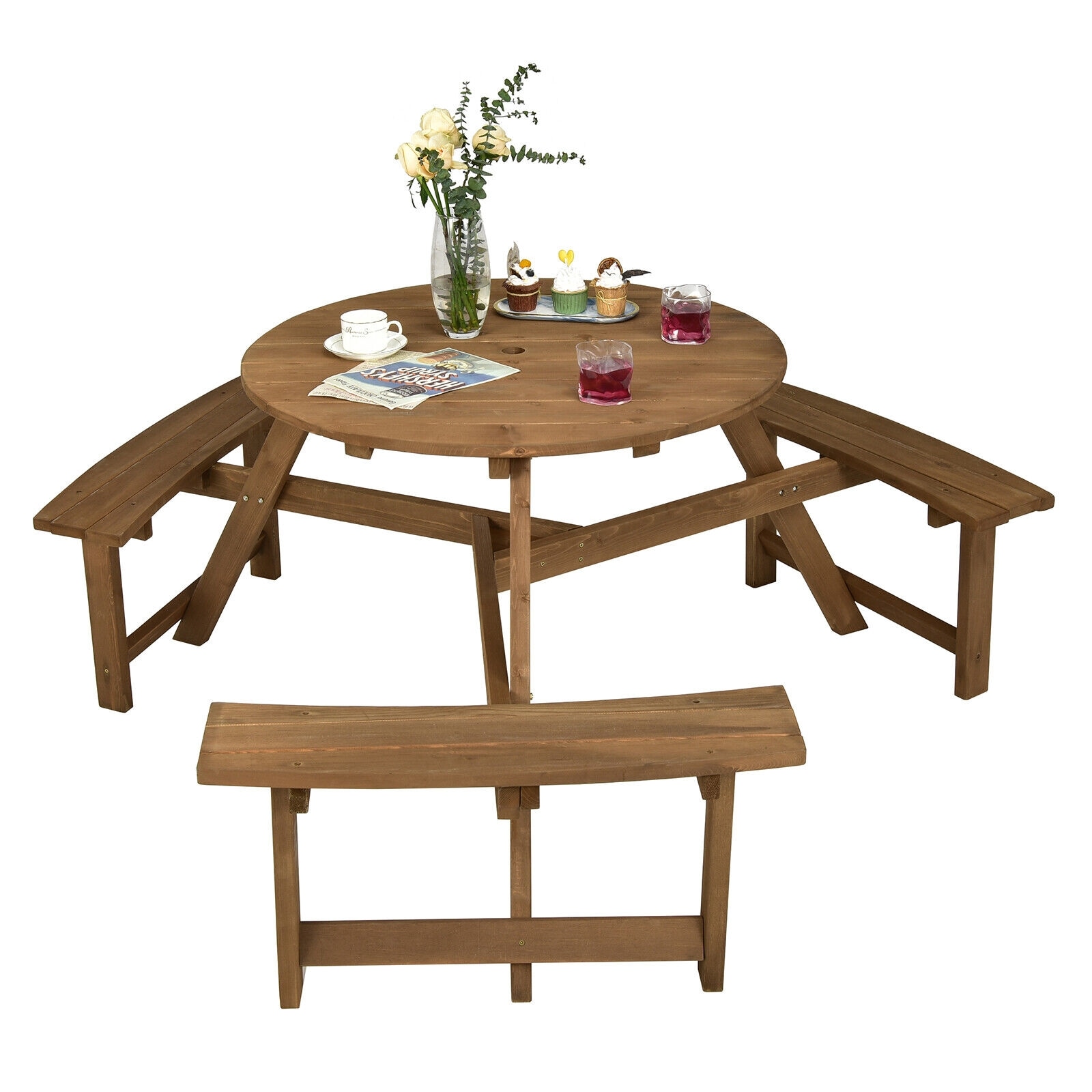 Slickblue 65 Inch Round- Dark Brown Wood Table with 2 Built-in Benches ...