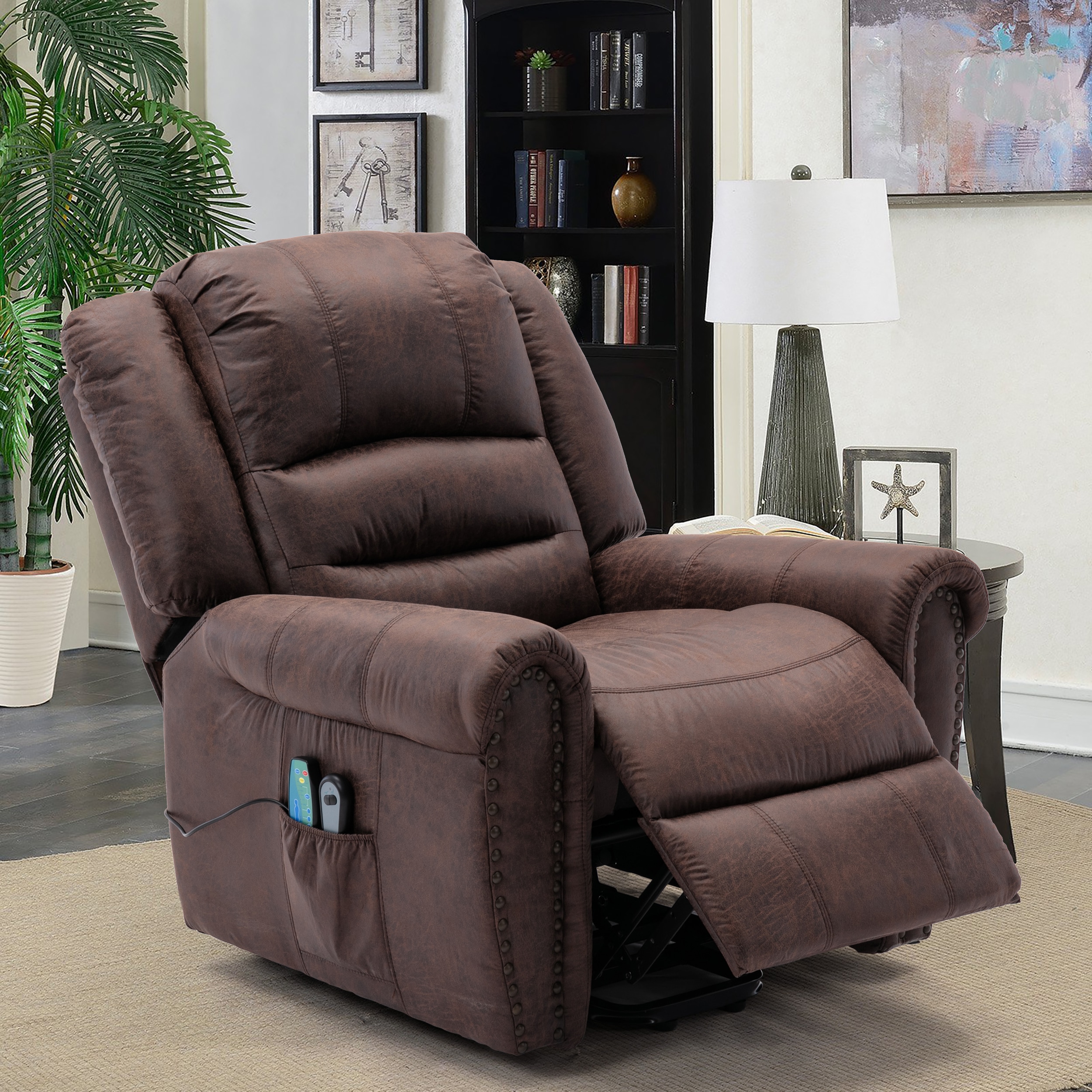 CASAINC Chocolate Polyester Upholstered Powered Reclining Massage Chair ...