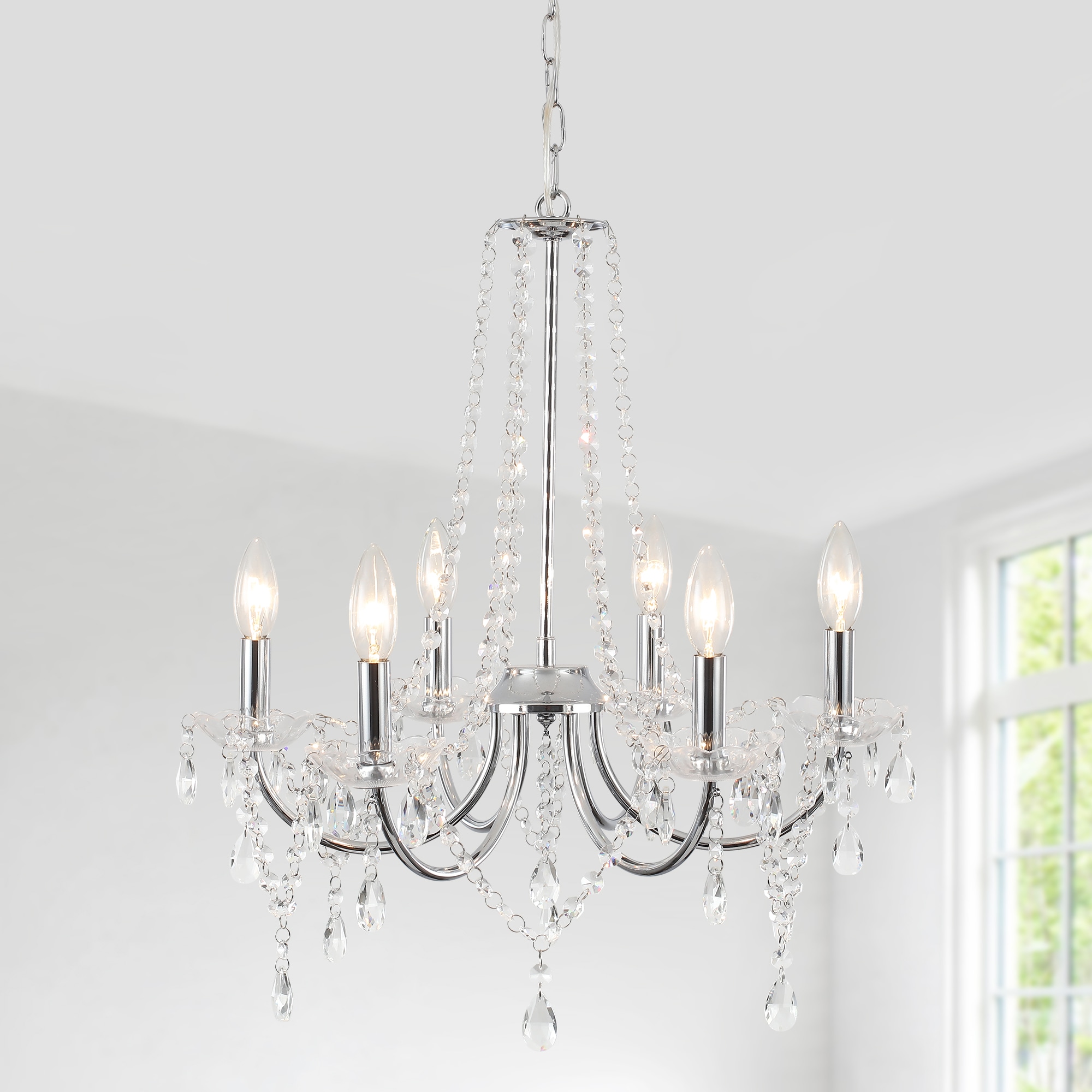 Zjvaive 6-Light 20.08in Chrome Crystal Chandelier Adjustable 23.62-82.68in Chain E12 Socket Max 60W Farmhouse Ceiling Light Fixture Bulbs Not Included for Living Room Dining Room Bedroom #LS1-2-D6017-6-C