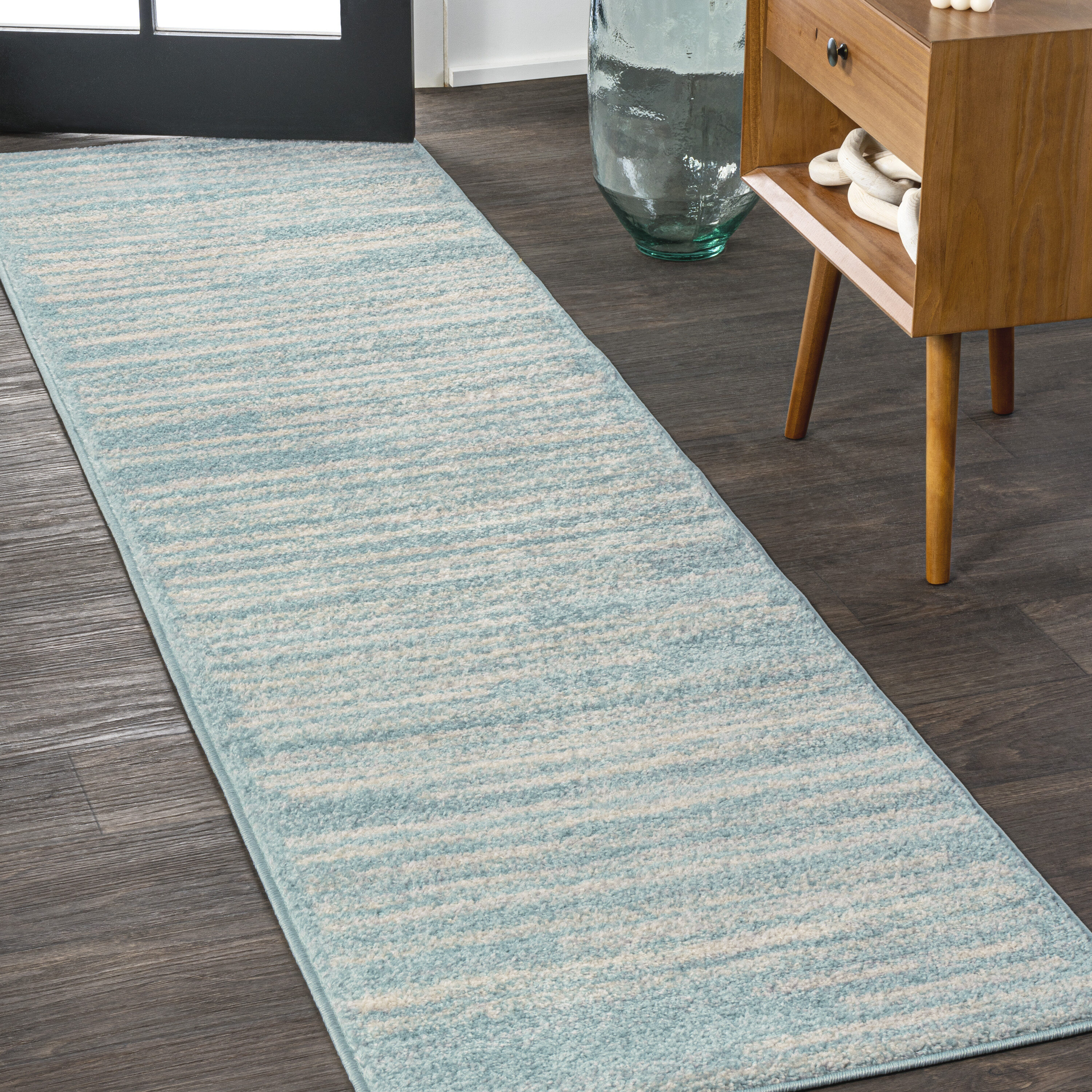 JONATHAN  Y MOH207D-28 Moroccan HYPE Khalil 2 x 8 (ft) Polypropylene Turquoise/Cream Rectangular Indoor Stripe Moroccan Runner rug