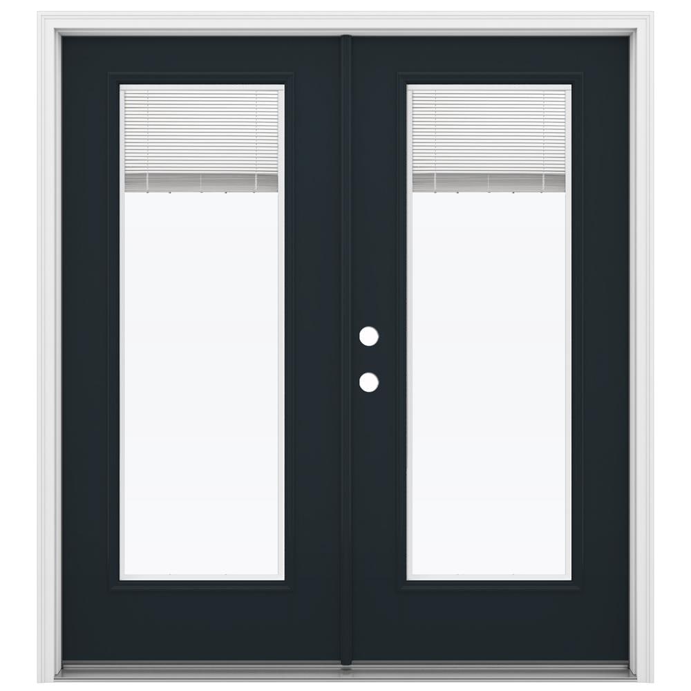 JELD-WEN LOWOLJW235000135 F-3500 72-in x 80-in x 4-9/16-in Jamb Low-E Blinds between the glass , Black Fiberglass Right-hand inswing French Double Patio Door Brickmould Included