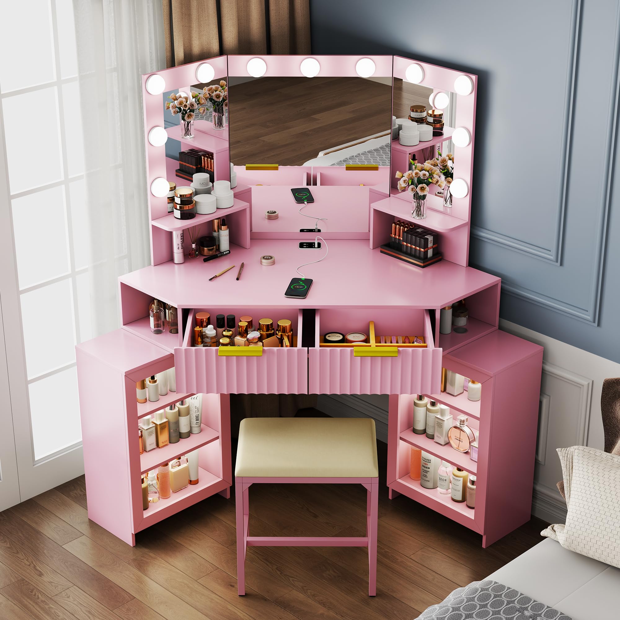 PUPWE Pink Corner Design Vanity Desk with LED Lights Mirror Charging ...
