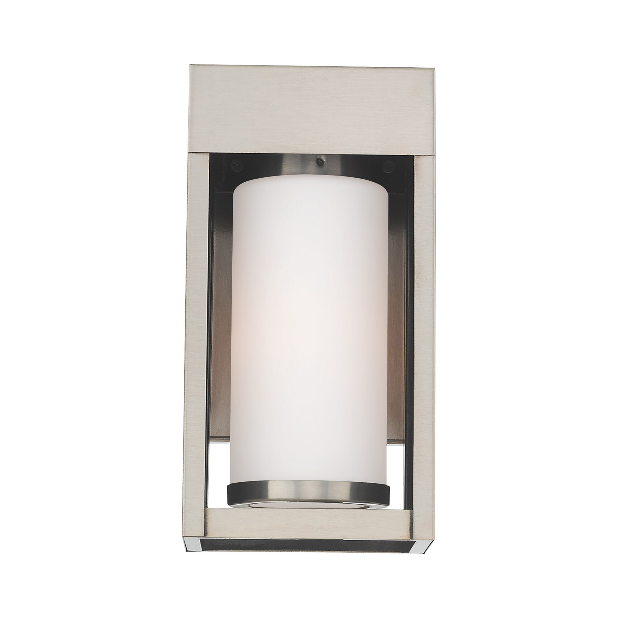 Contemporary Brushed Nickel Outdoor Wall Lantern with Satin Opal White Glass