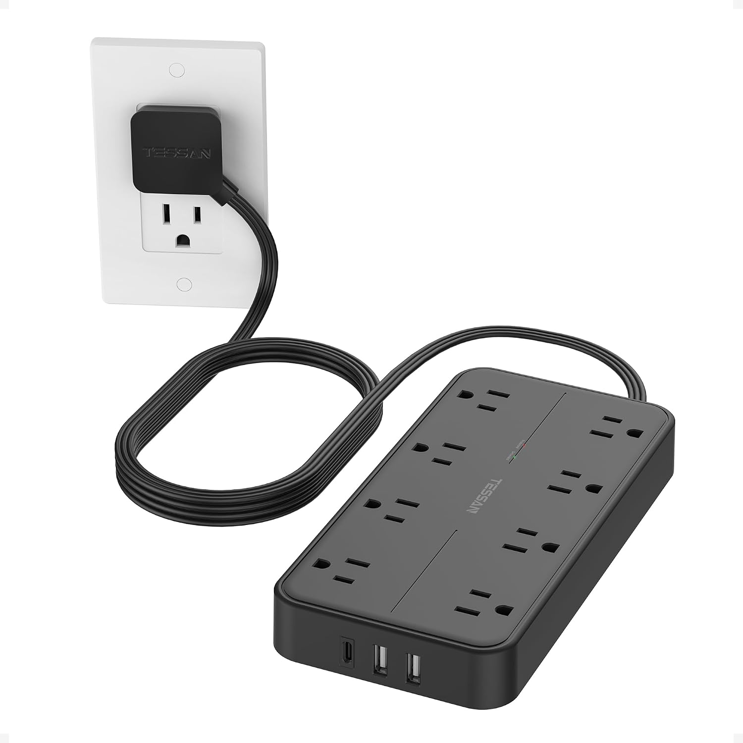 LENCENT 8-Outlet Surge Protector Power Strip with Flat Plug 6 ft Extension Cord 3 USB Ports 1 USB-C 1080 Joules Wall Mountable Charging Station for Home Office Dorm Black