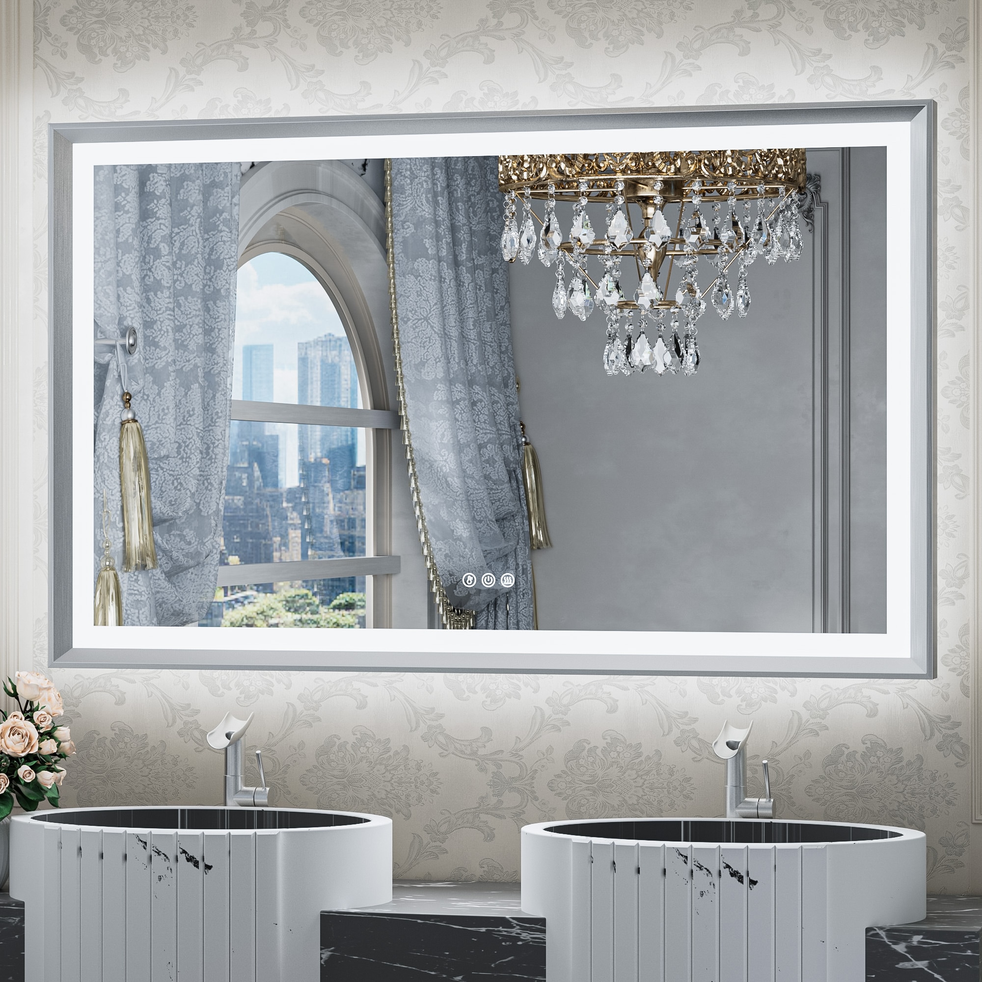 Keonjinn LW-ZBGSSW-12176SI 48-in x 30-in Framed Rectangle Dimmable LED Lighted Fog Free Bathroom Vanity Mirror ( Brushed Sliver )