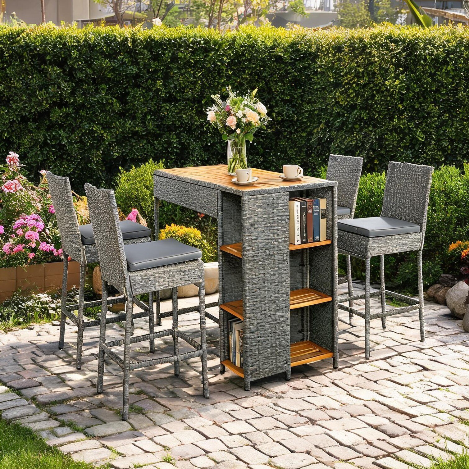 SunJet - 5-Piece Outdoor Bar Set with Storage Shelves Gray-Toned Acacia Wood and Wicker Modern Re...
