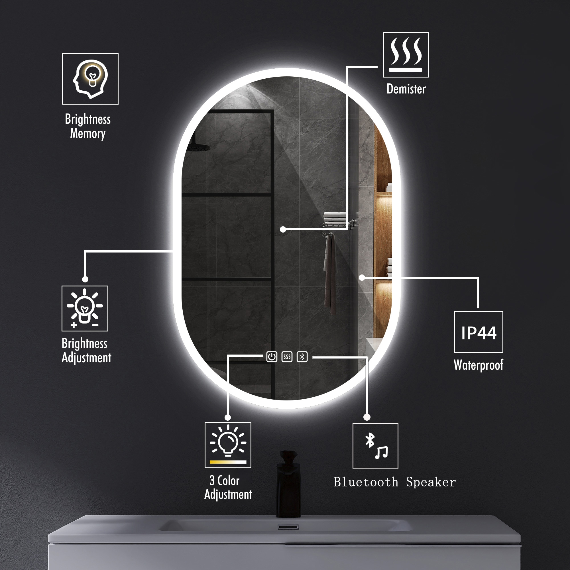 KINWELL Bathroom Mirror 31.5-in W x 23.6-in H LED Lighted White Rectangular Fog Free Frameless Bluetooth Bathroom Vanity Mirror