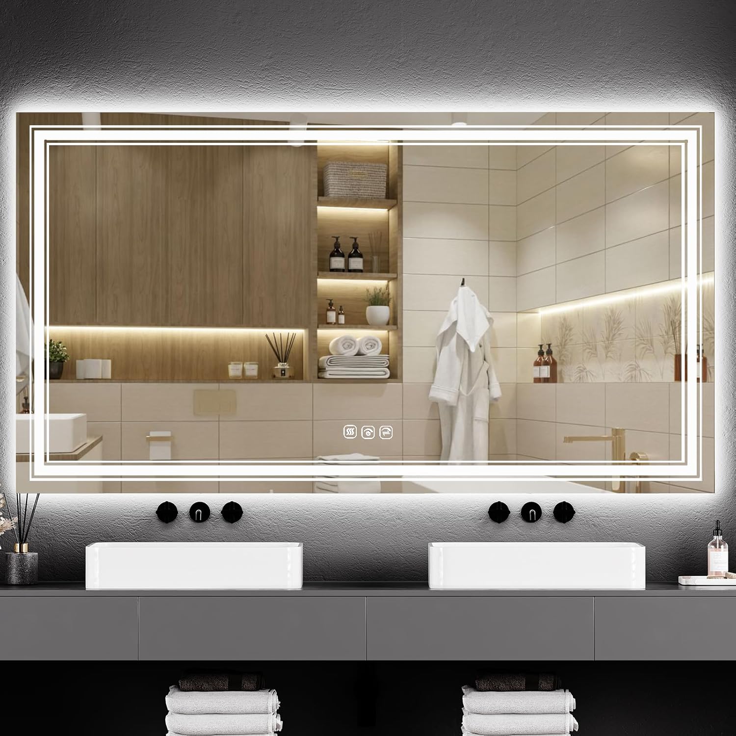 Qeetex LXL-PHO-0YOVS2Y9 LED Bathroom Mirror with LightsAnti-FogDimmableBacklit + Front LitMemoryBathroom Vanity Mirror with LightsLighted Bathroom MirrorDouble LED Vanity3 ColorsStepless Dimming