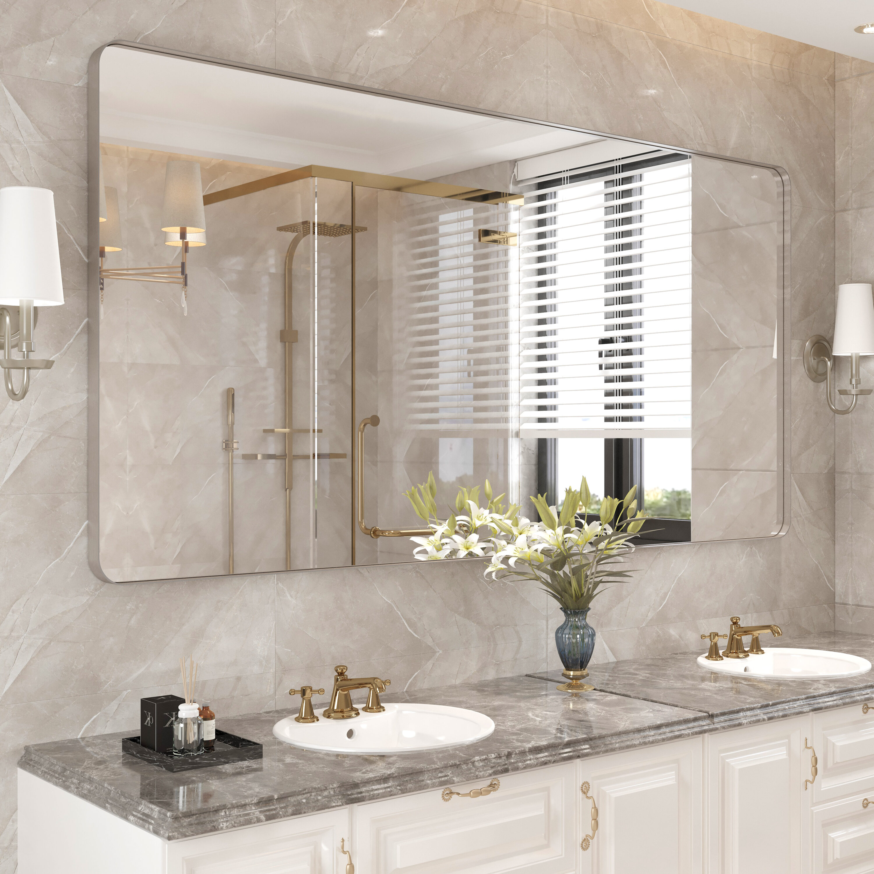 Yulika Ptjz 72-in x 36-in Framed Rectangle Bathroom Vanity Mirror ( Brushed Nickel )
