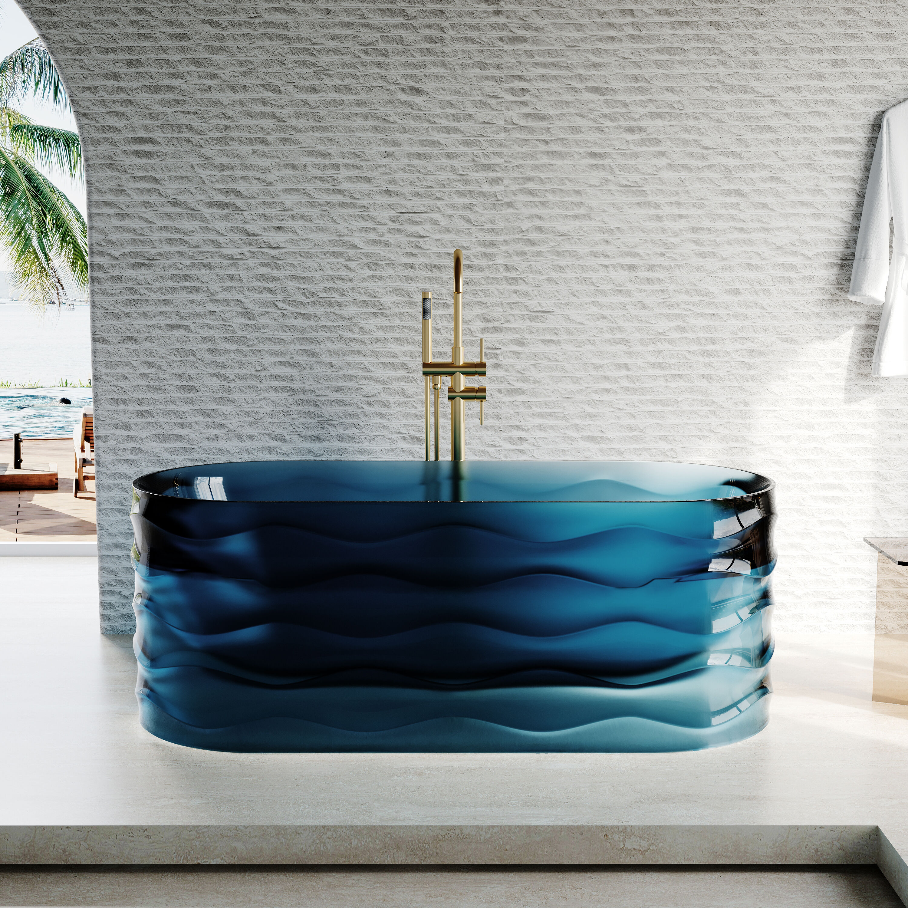 Gtnali - 62-in x 27-in Transparent Sea Blue Polyresin Oval Freestanding Soaking Bathtub with Drai...