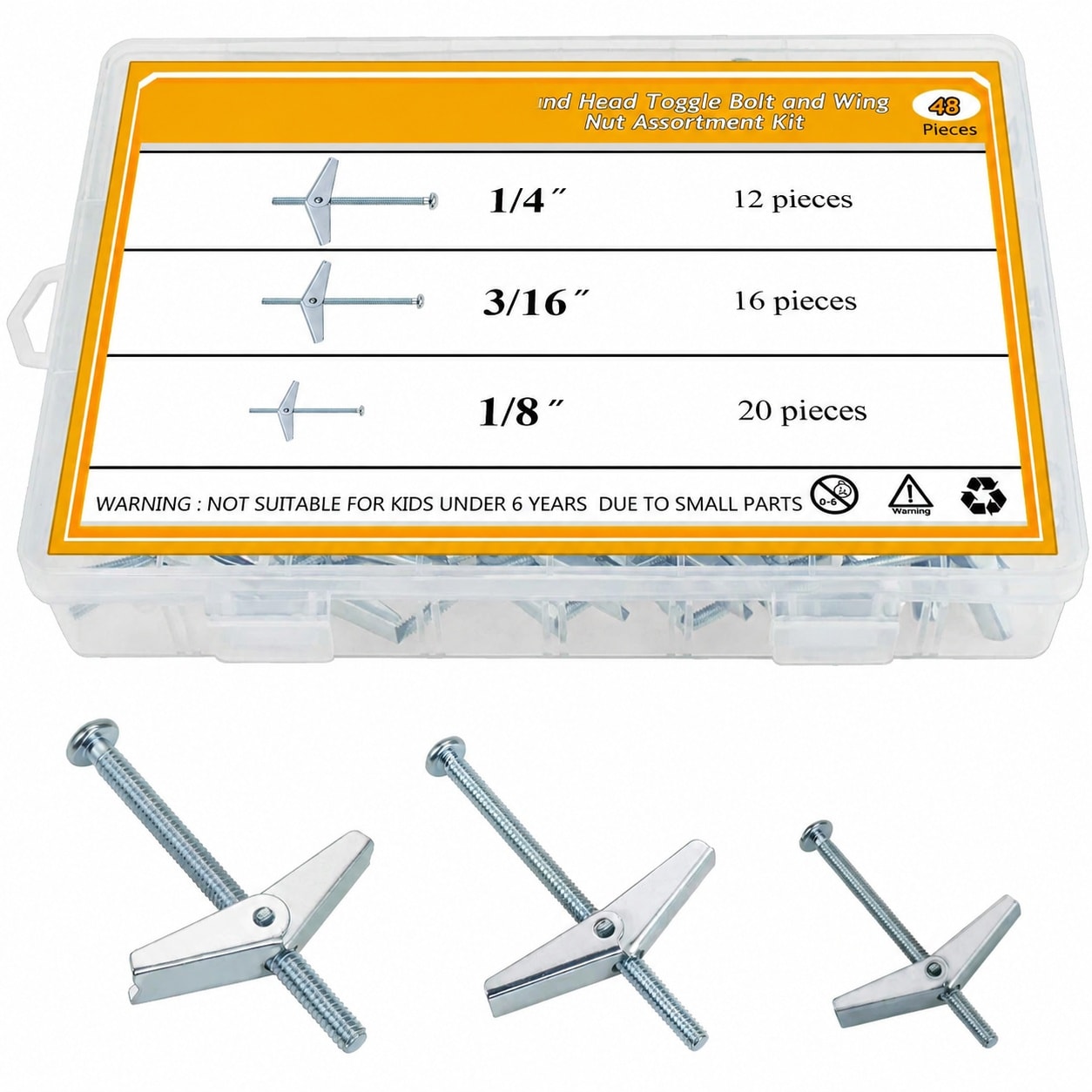 DYRCJ  Toggle Bolt and Wing Nut Set Includes 1/8 Inch 3/16 Inch and 1/4 Inch Sizes for Secure Heavy Item Hanging on Drywall 48 Pieces