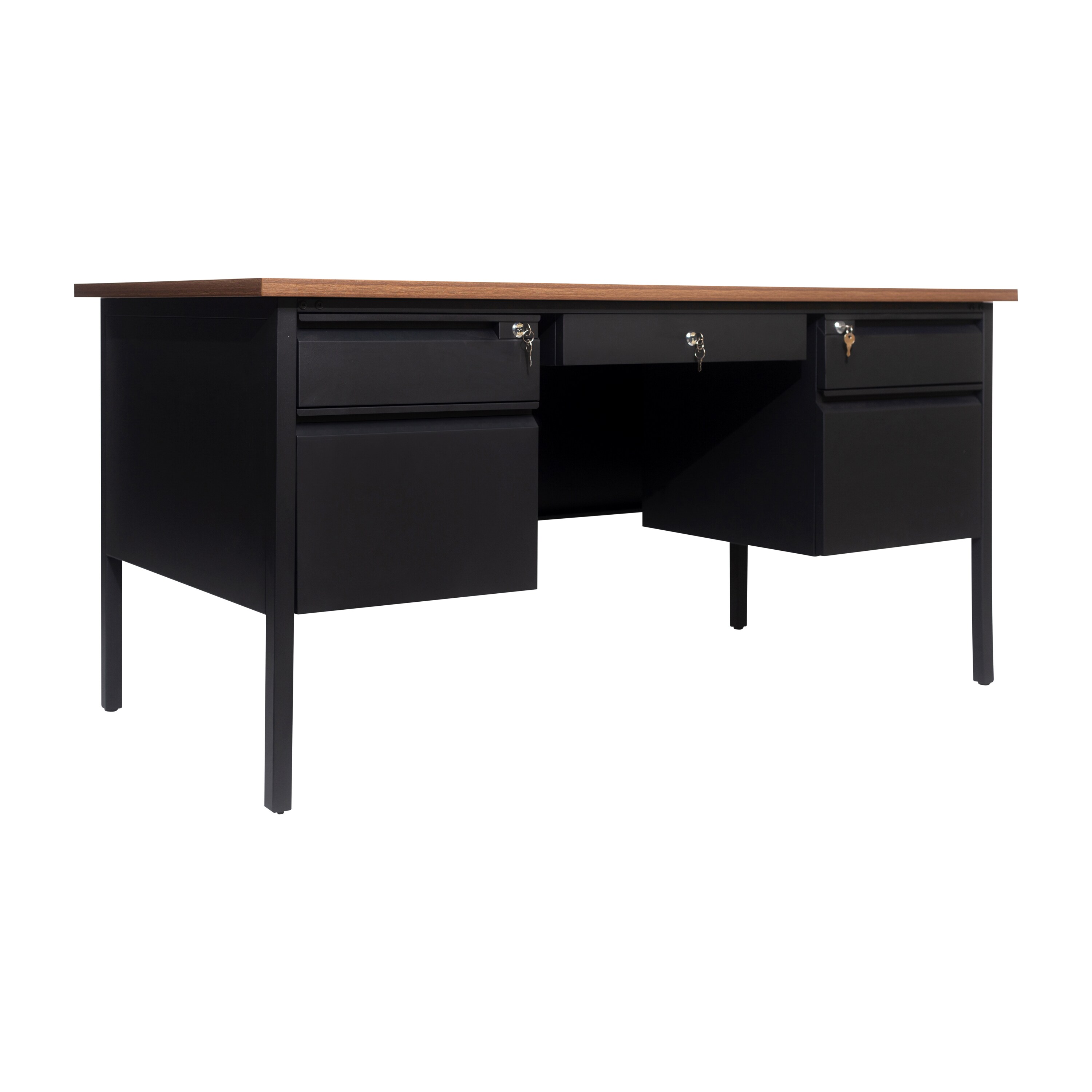 Flash Furniture Cambridge Commercial Grade 30x60 Double Pedestal Desk with 5 Locking Drawers; Walnut Top and Black Frame