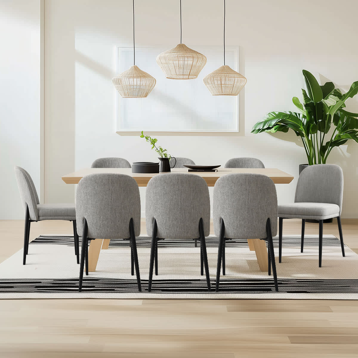 Maison Boucle HAVANA-METAL-GRAY8 Set of 8 Gray Linen Modern Accent Dining Chairs with Padded Seat Black Metal Legs for Dining Room