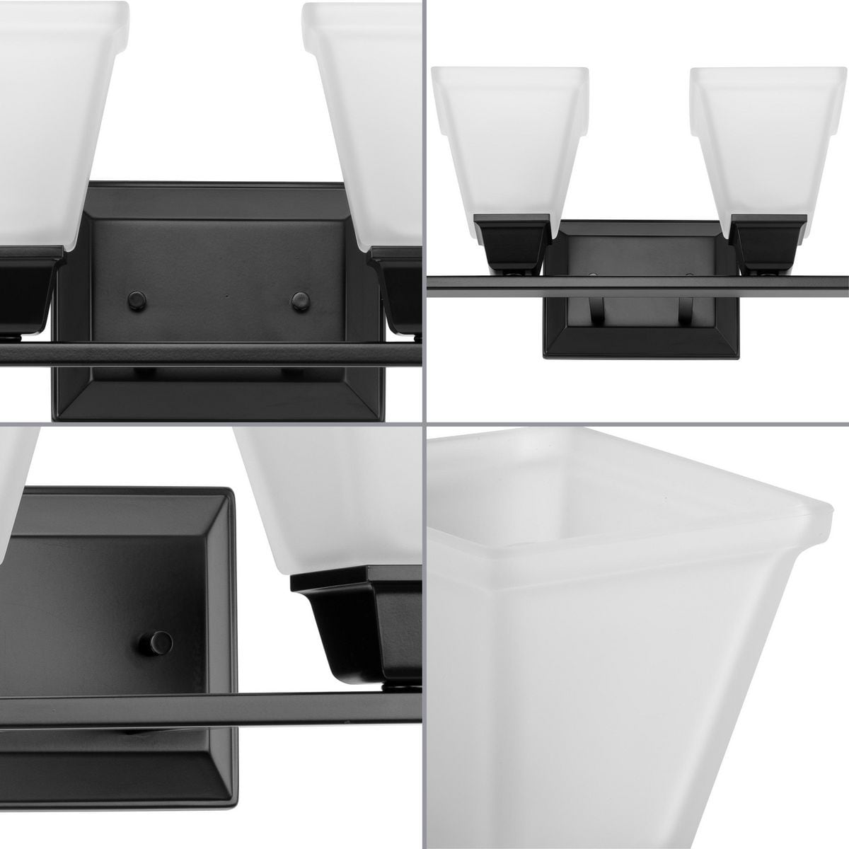 Matte Black Four-Light Bath Vanity Fixture with Etched Glass Shades