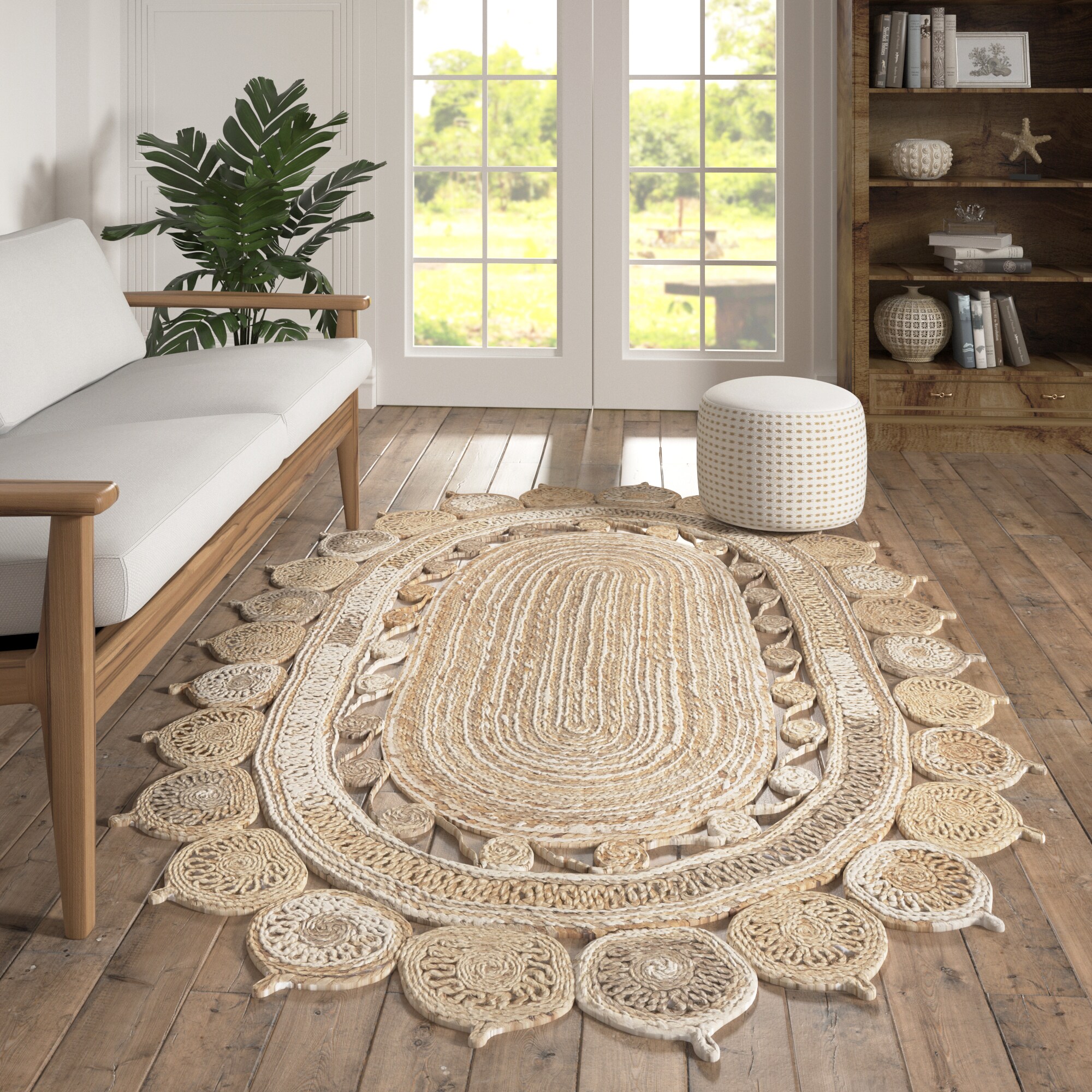 Handmade Braided Oval Beige and Gray Wool Rug