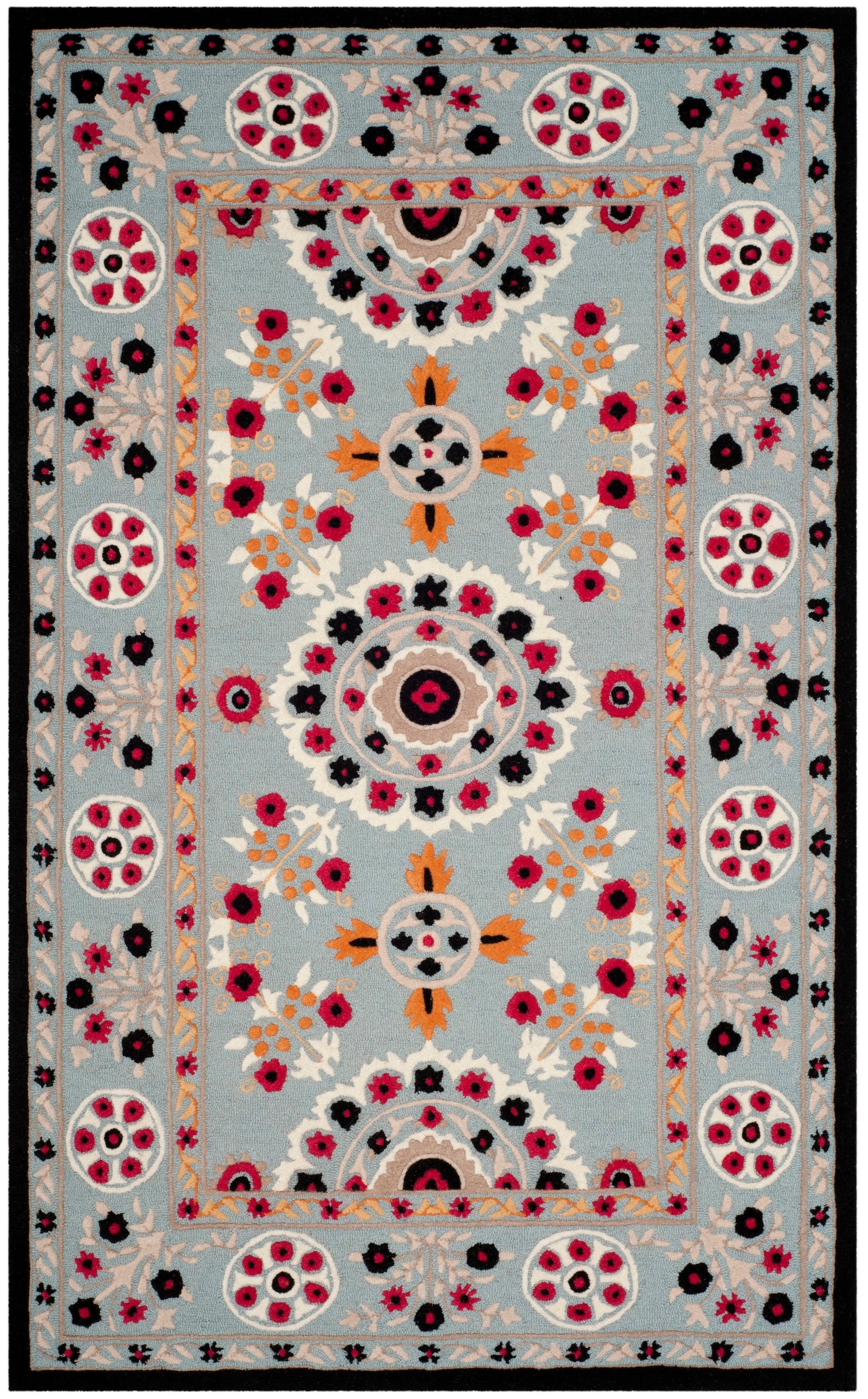 Safavieh BLG628B-5 Bellagio Roble 5 x 8 (ft) Tufted Wool Light Blue/Black Rectangular Indoor Floral/Botanical Farmhouse/Cottage Area rug