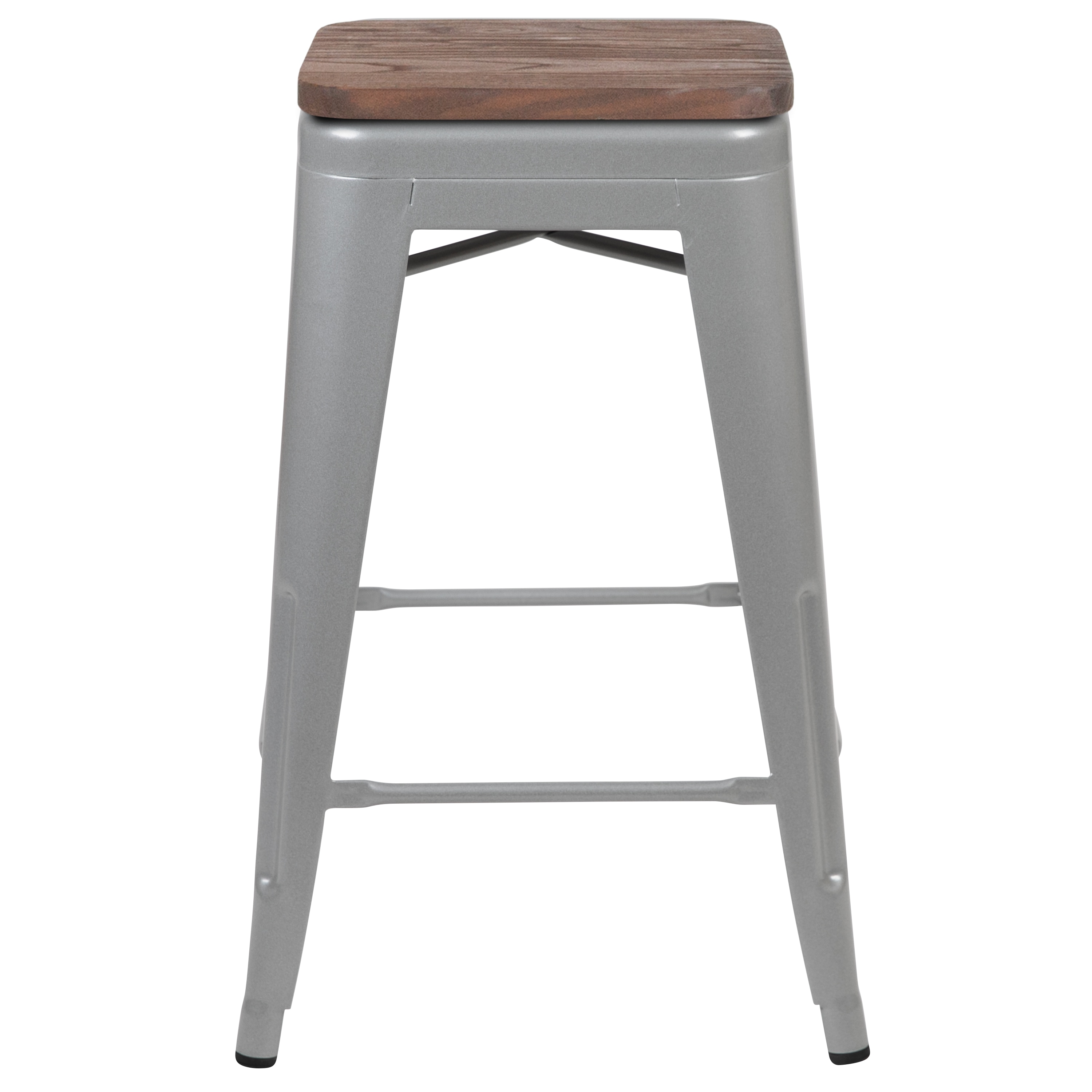 Modern 24" Silver Metal and Wood Stackable Bar Stools - Set of 4