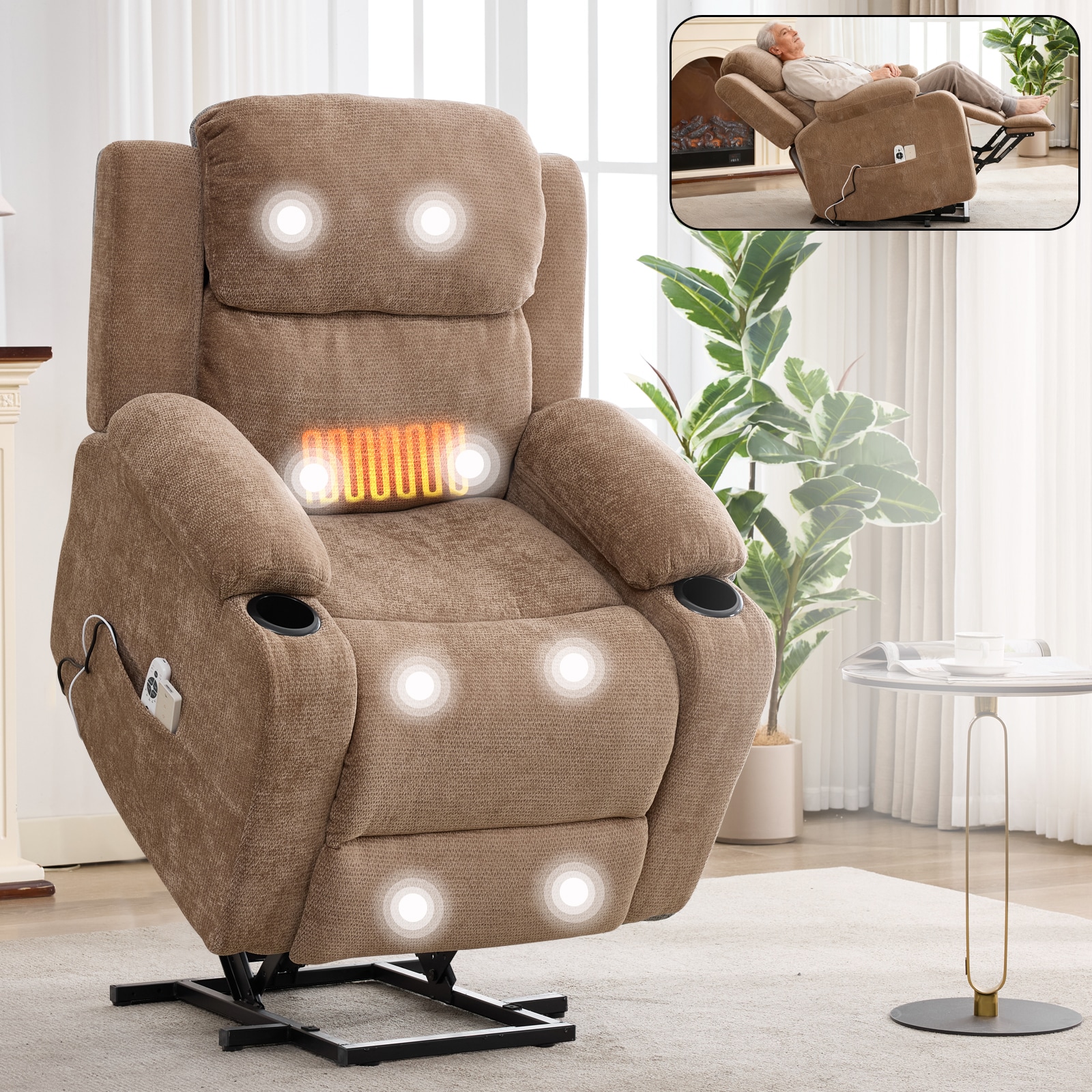 Huluwat - Up to 350 LBS Chenille Power Lift Recliner Chair Heavy Duty Motion Mechanism with 8-Poi...