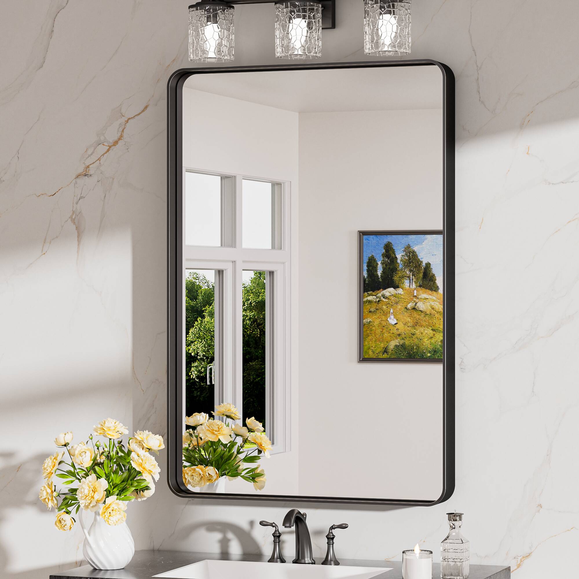 Keonjinn LW-JSKYJ2-6091BK Bathroom Mirrors 24-in W x 36-in H Rectangle Matte Black Framed Wall Mirror