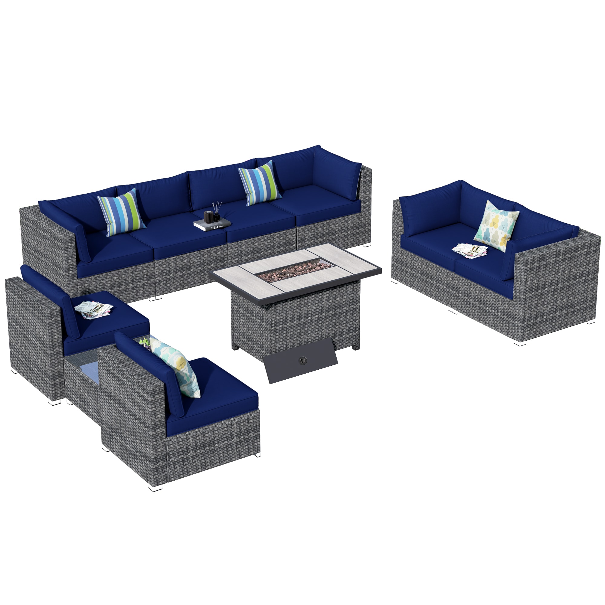 Pouuin SRFPHOP7-7-BOX1 10 -Piece Wicker Patio Sofa Conversation Set with Navy Cushions