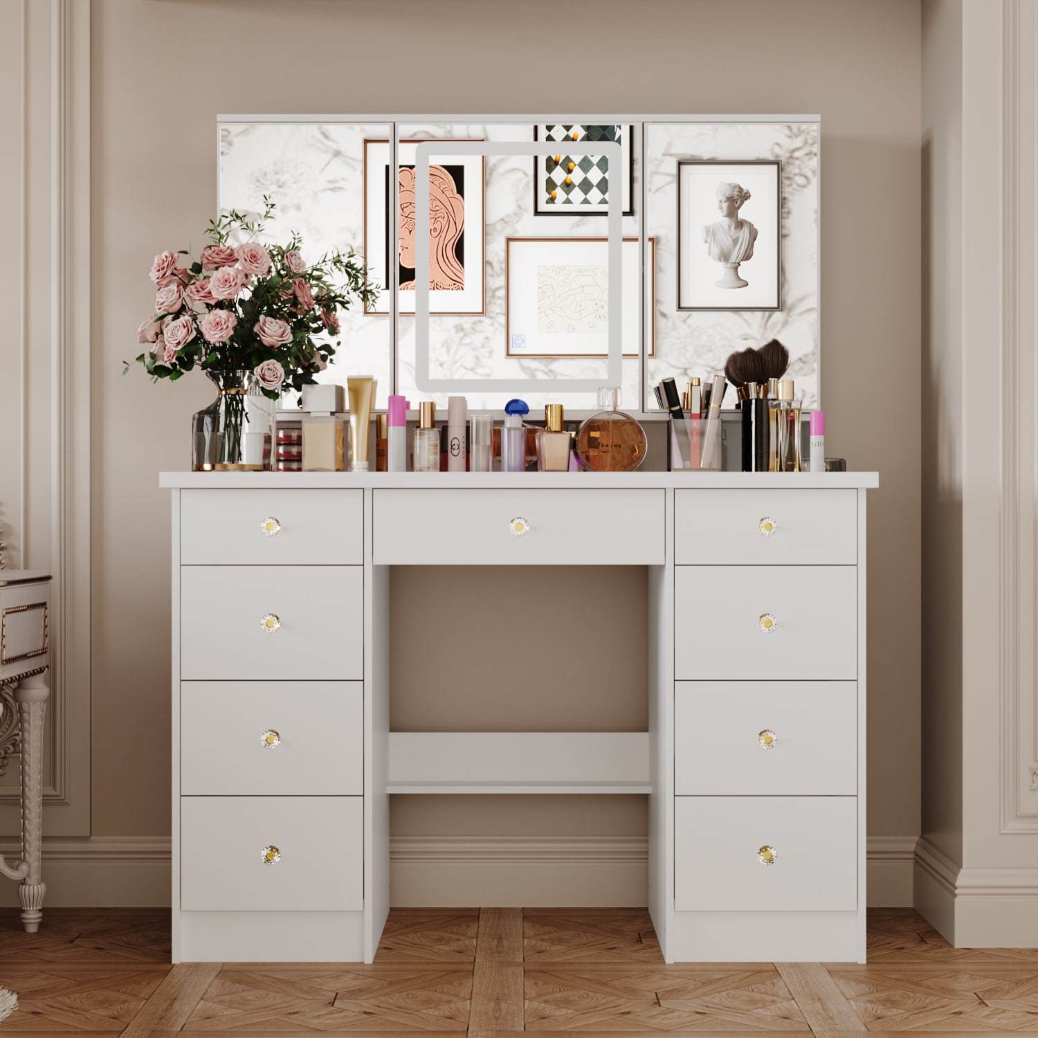 These 17 Bathroom Vanities with a Makeup Table Make Getting Ready Feel Fun