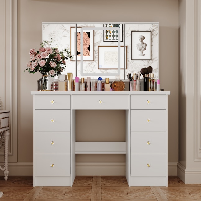 FUFU&GAGA Contemporary White Makeup Vanity Table with 9 Drawers