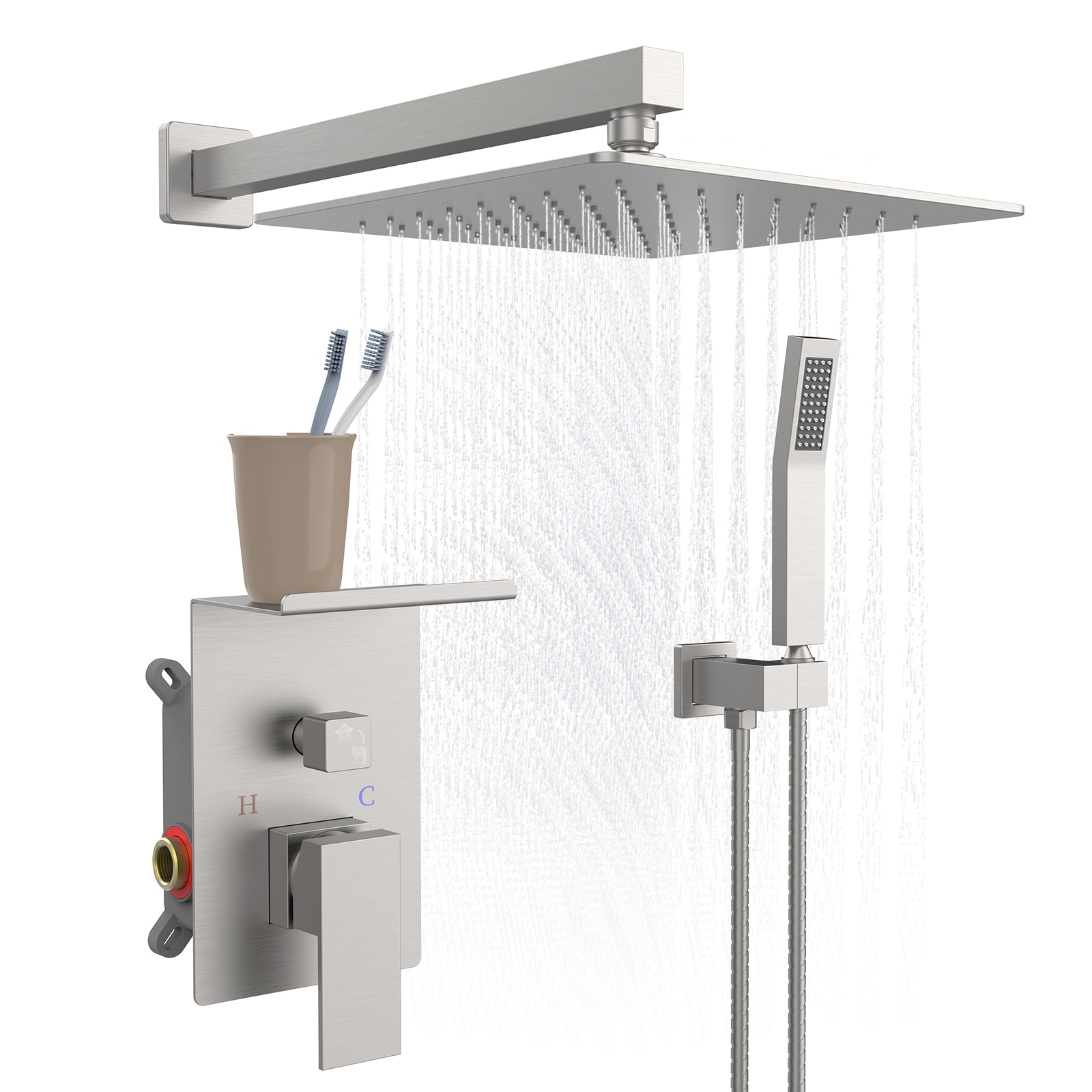 LOVMOR SF-M-T3177P269147 Rainfall Shower System With Storage Rack 10 inch Shower Faucet Set Brushed Nickel with High Pressure with Square Shower Head Luxury Shower Set Wall Mount