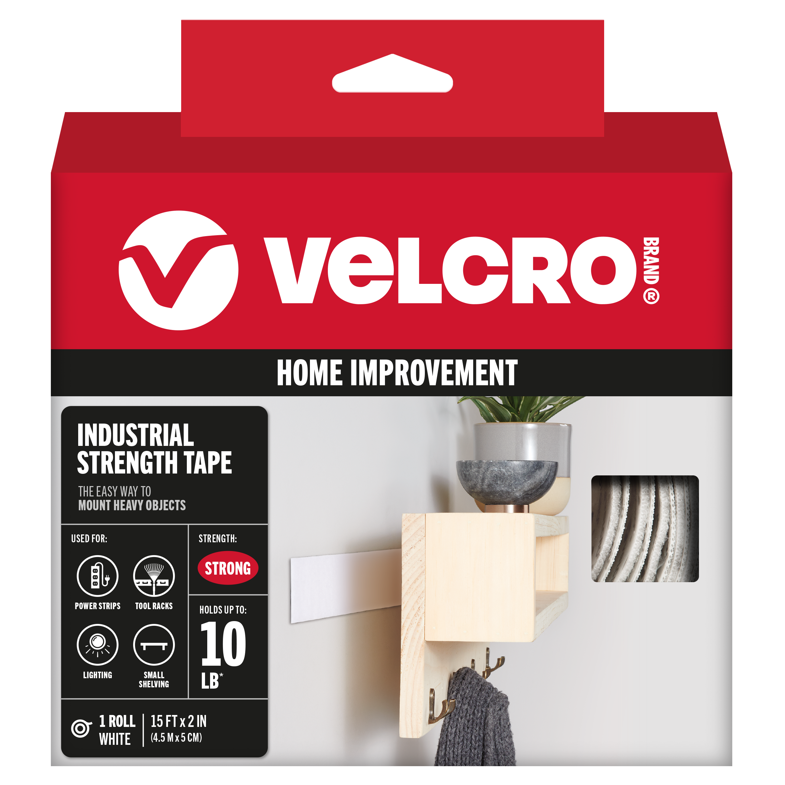 VELCRO Brand 90198 15 Feet White Hooks Industrial Strength 15ft x 2in Roll White Hook loop fastener 10-lb Weight Capacity