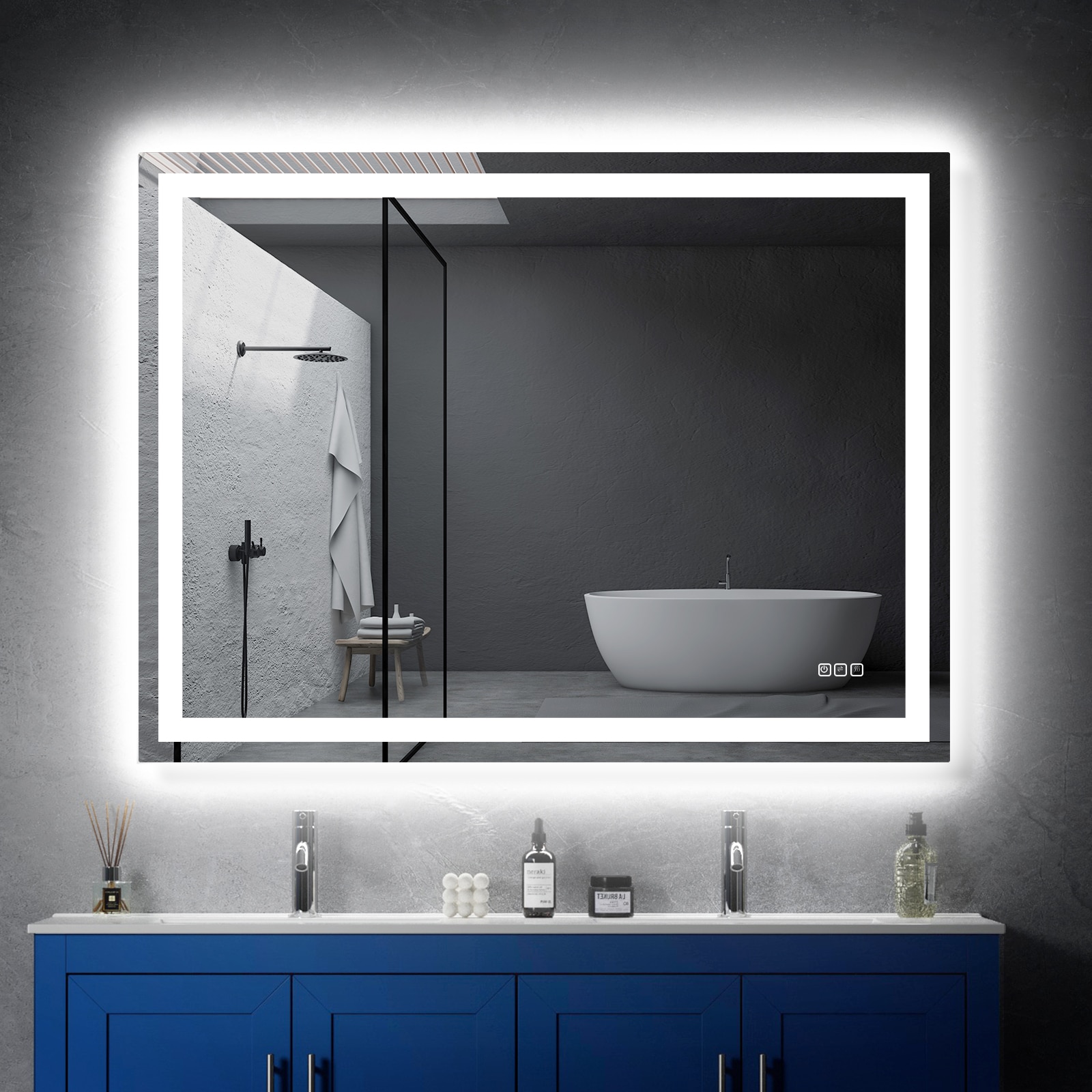 MYRYY 48-in x 36-in Polished Edge Frameless Square Dimmable LED Lighted Fog Free Bathroom Vanity Mirror (Silver)