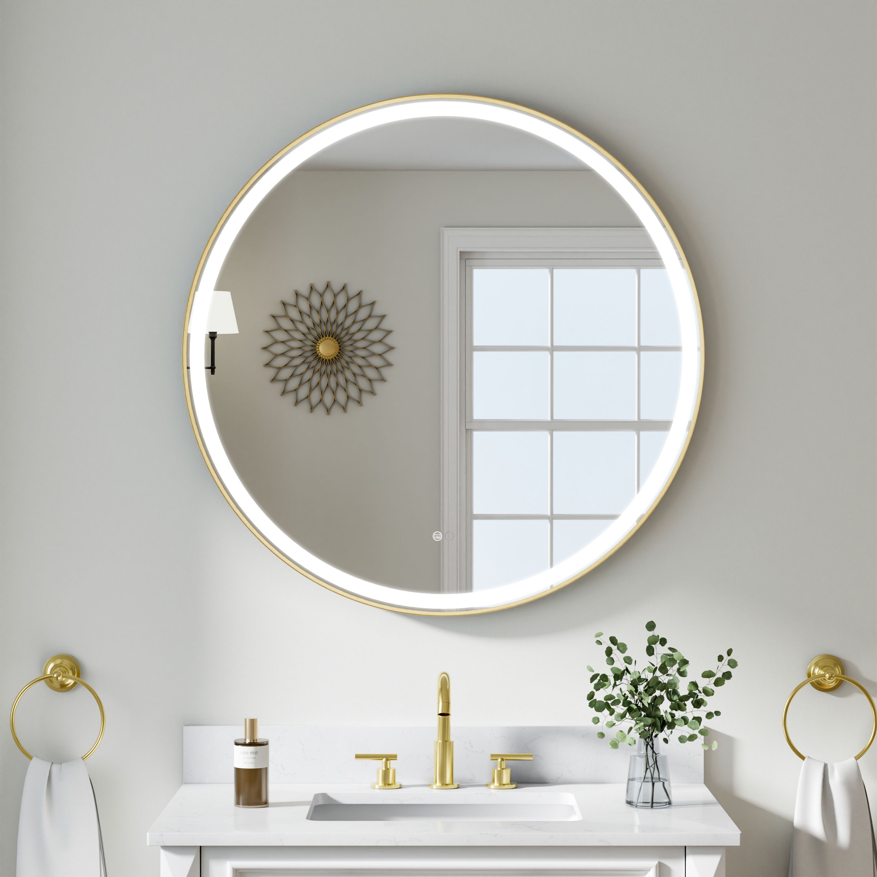Poinic 36-in W x 36-in H Round Brushed Gold Framed Lighted Wall Mirror