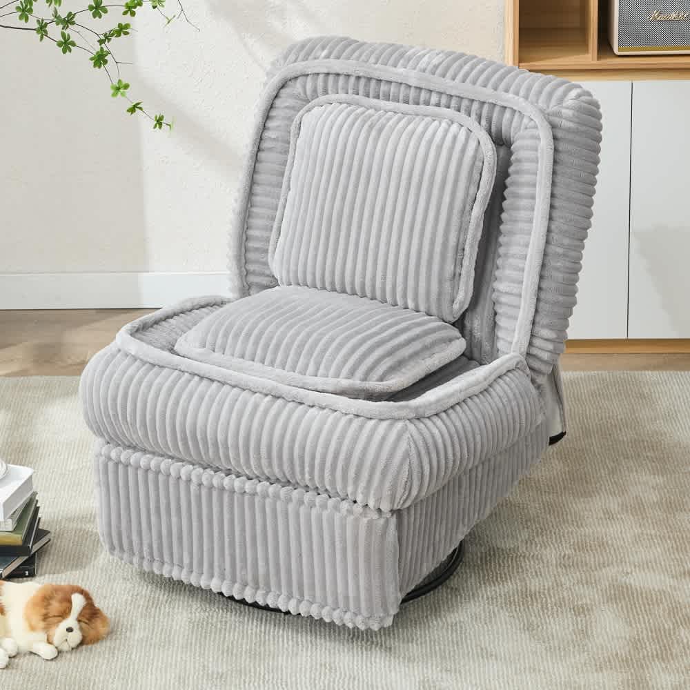 Coolbibila BLAKE-RECLINER-GRAY Gray Corduroy Swivel Recliner Chair Manual Armless Sofa with Adjustable Backrest for Living Room