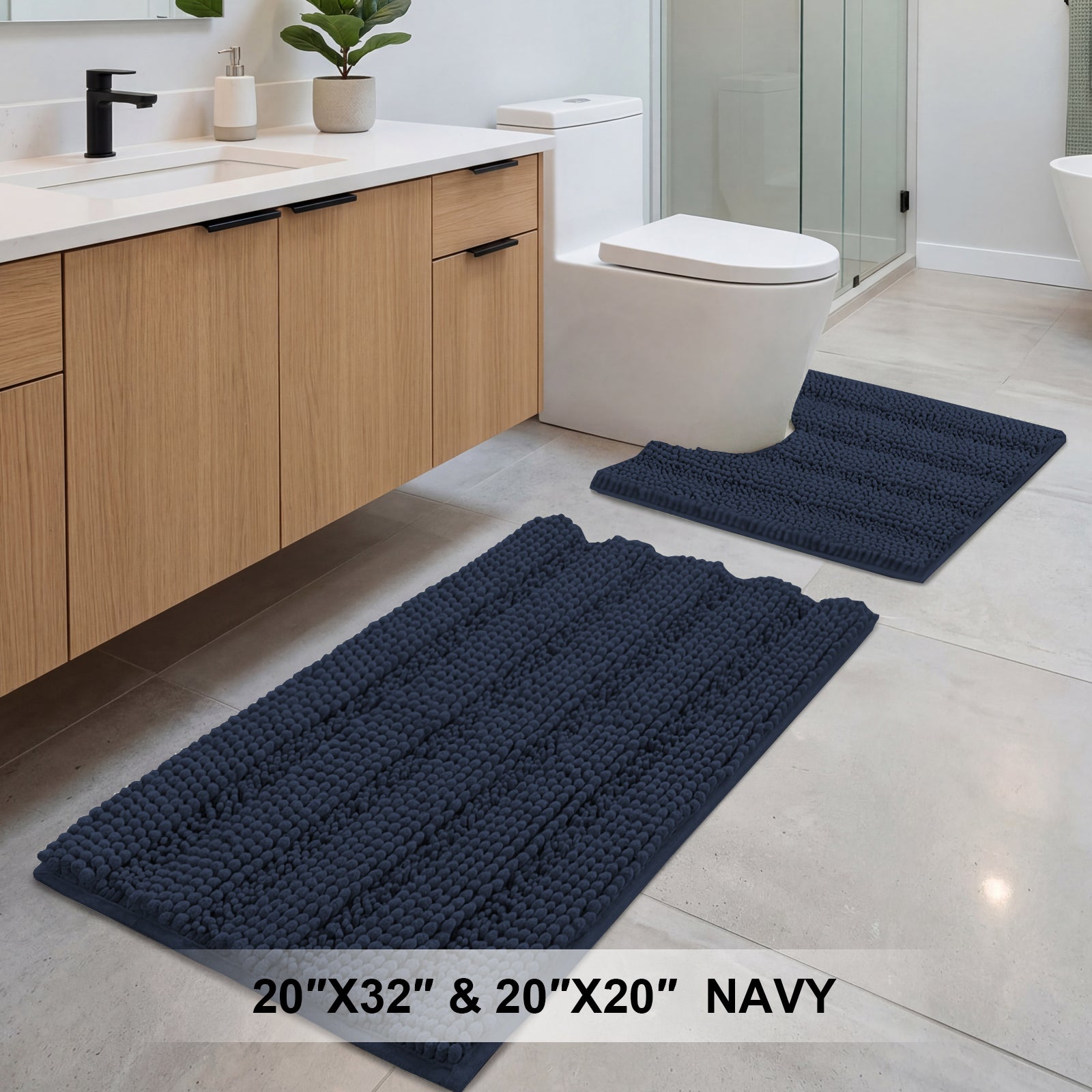 H.Versailtex  2Piece Navy Chenille Bath Mat Set 20 x 32 in Extra Thick Striped Shaggy Bathroom Rugs