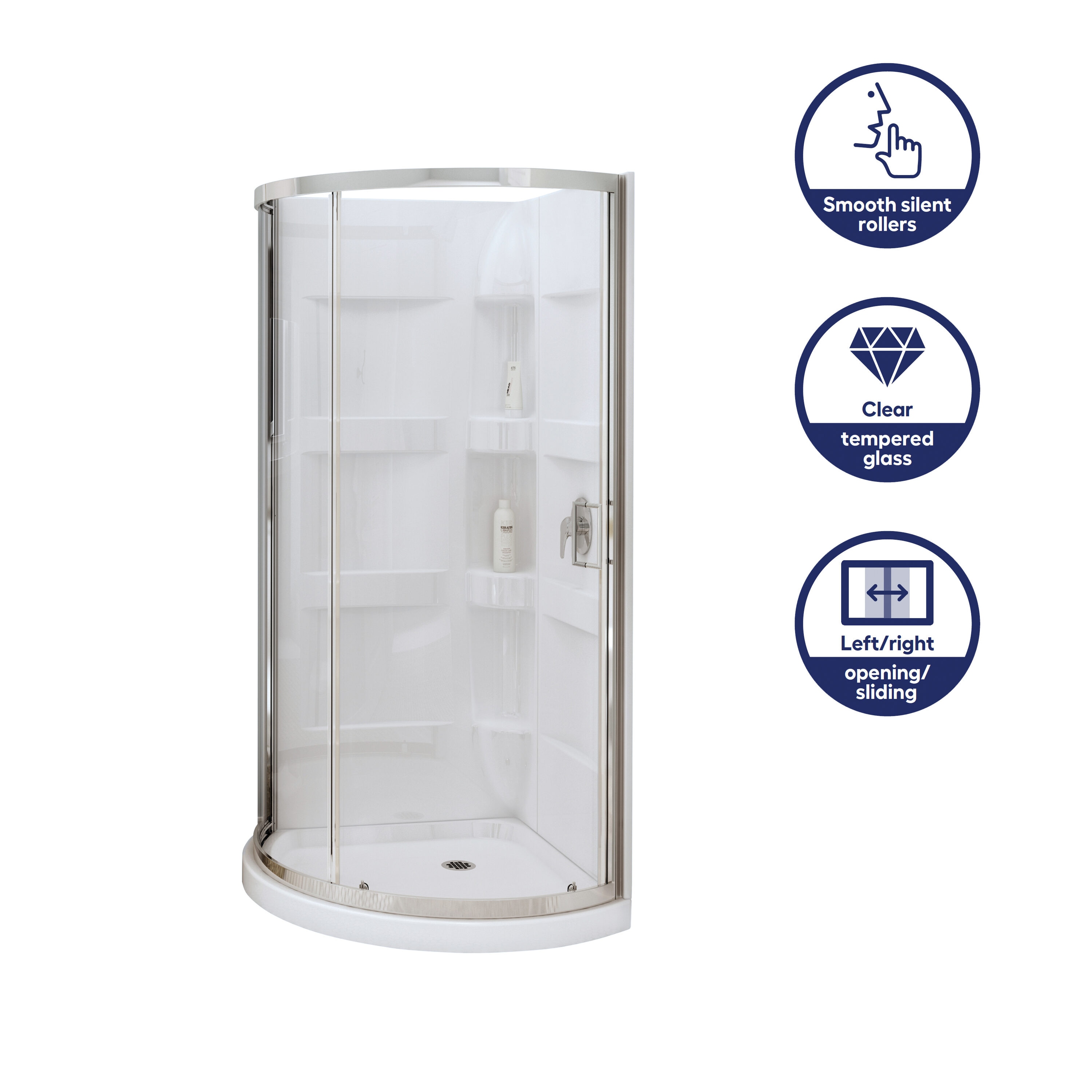 Maax Monroe White 38-in x 38-in x 76-in Base/Wall/Door Curved Corner Shower Kit (Off-center Drain) | 800025-900-084-000