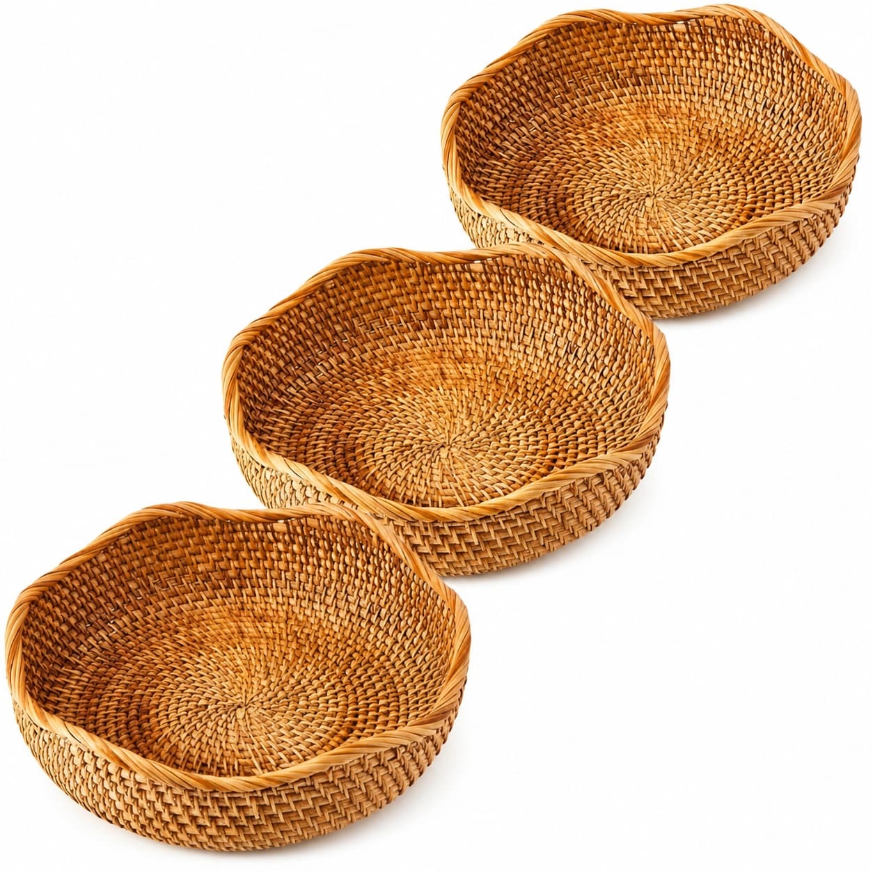 Aoibox  3 Pack Scalloped Rattan Fruit Basket Woven Wicker Bread Bowl for Kitchen Counter Entryway and Home