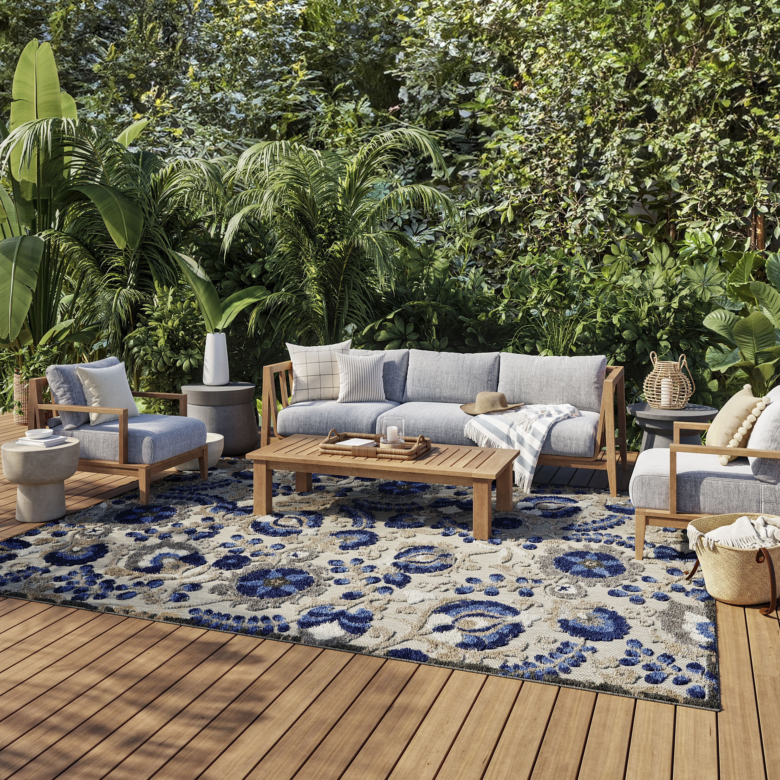 Nourison 99446739131 Aloha 8 x 10 (ft) Loomed Polypropylene Natural/blue Rectangular Indoor/Outdoor Abstract Farmhouse/Cottage Area rug