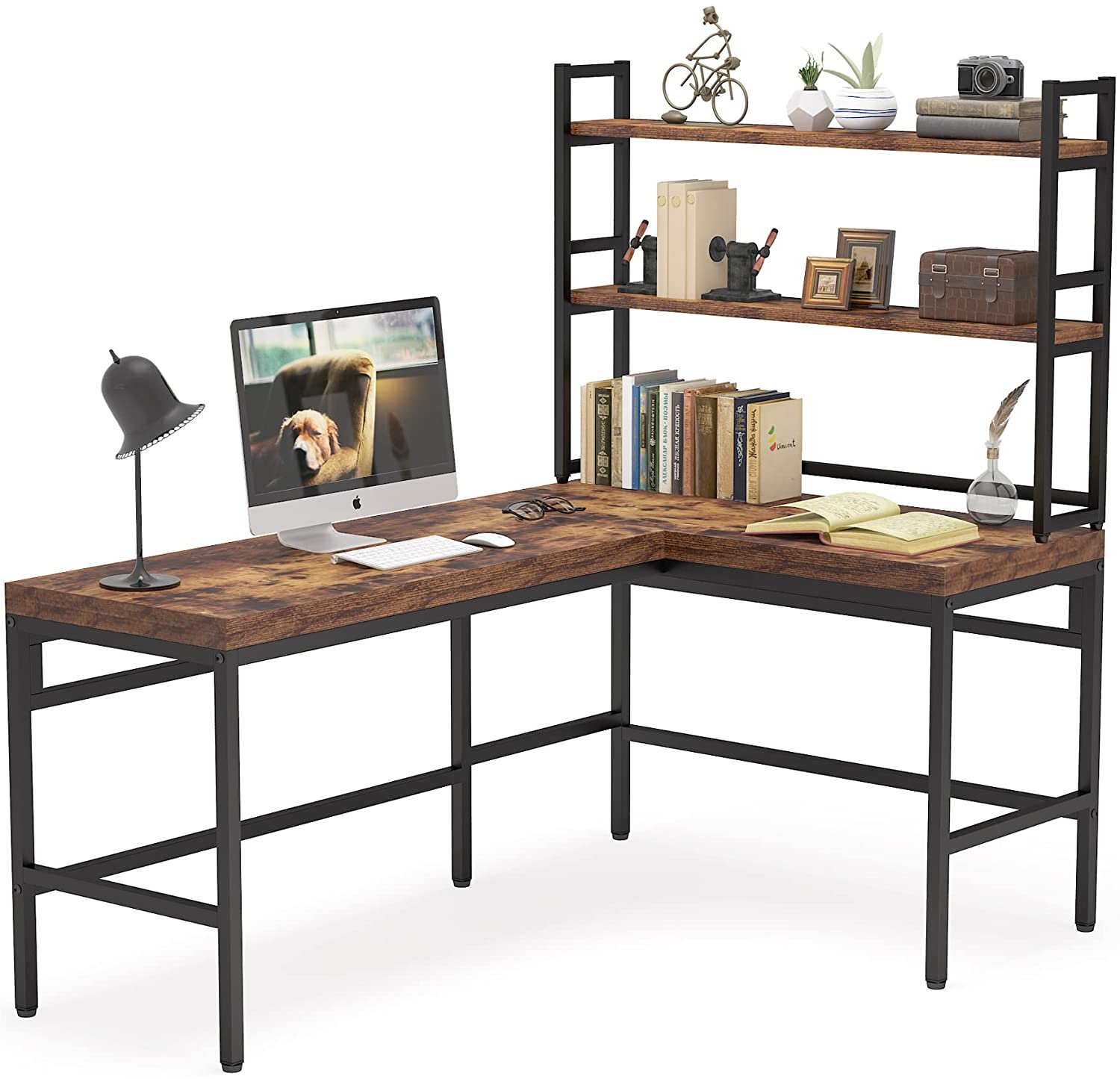 Tribesigns 42 in. Computer Desk Wood Brown Office Desk Study Desk with Hutch and Shelves for Small Space