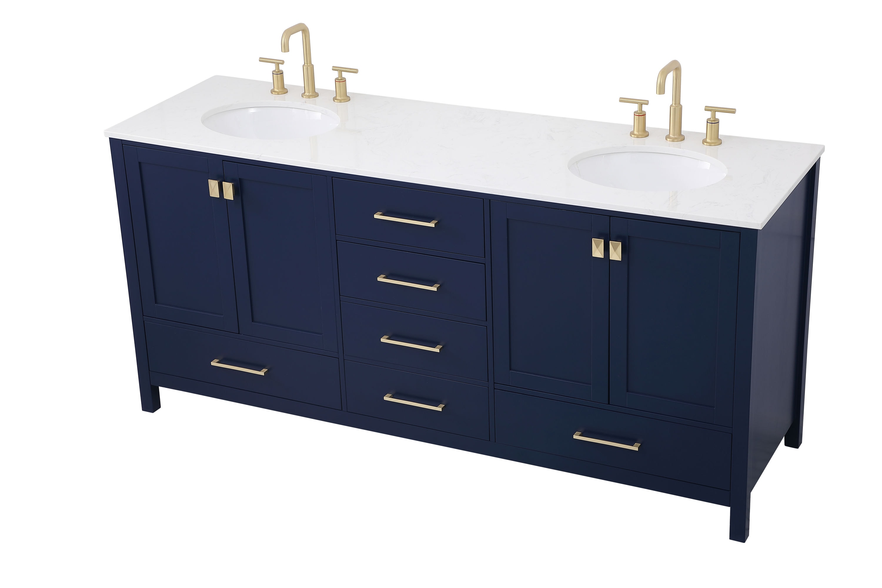 Blue and Gold 72" Double Bathroom Vanity with Calacatta White Countertop