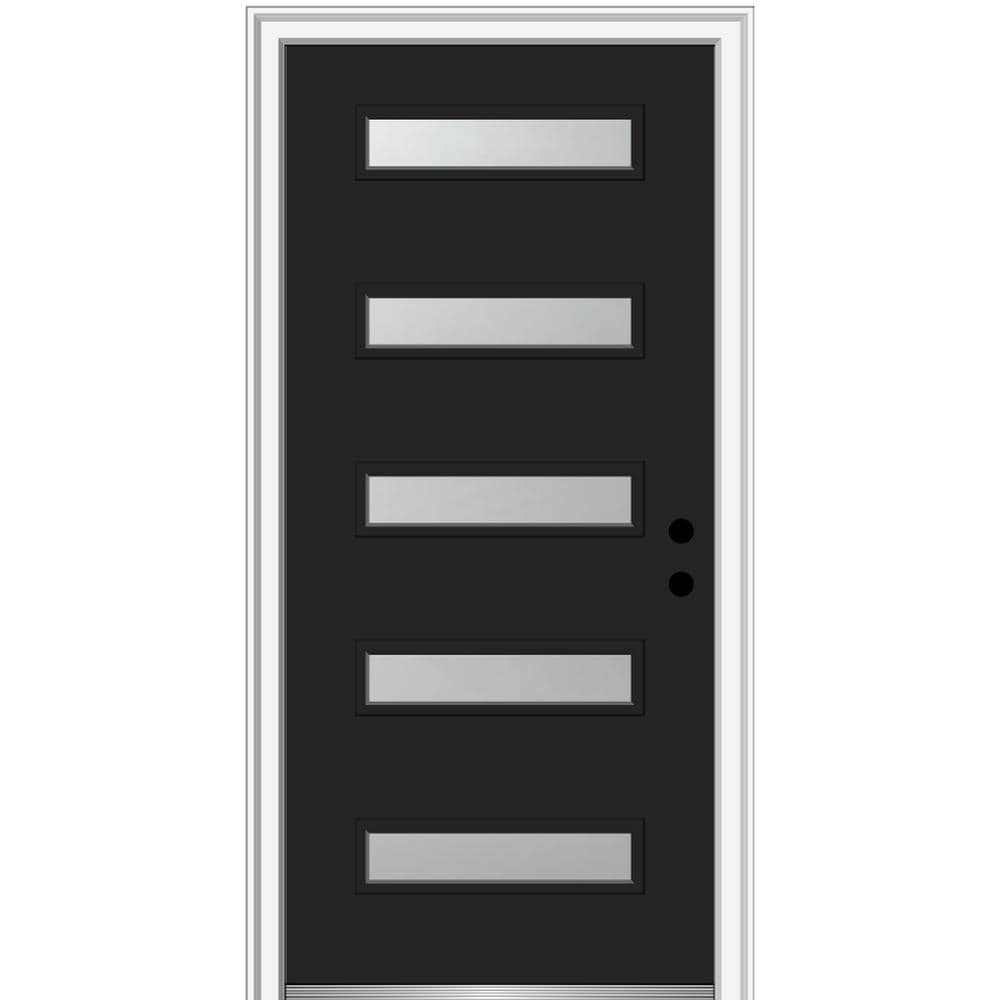 MMI DOOR ZZ350482L Spotlights 36-in x 80-in x 6-9/16-in Fiberglass Pulse lite Left-hand inswing Black Painted Prehung Front Door with Brickmould Insulating core