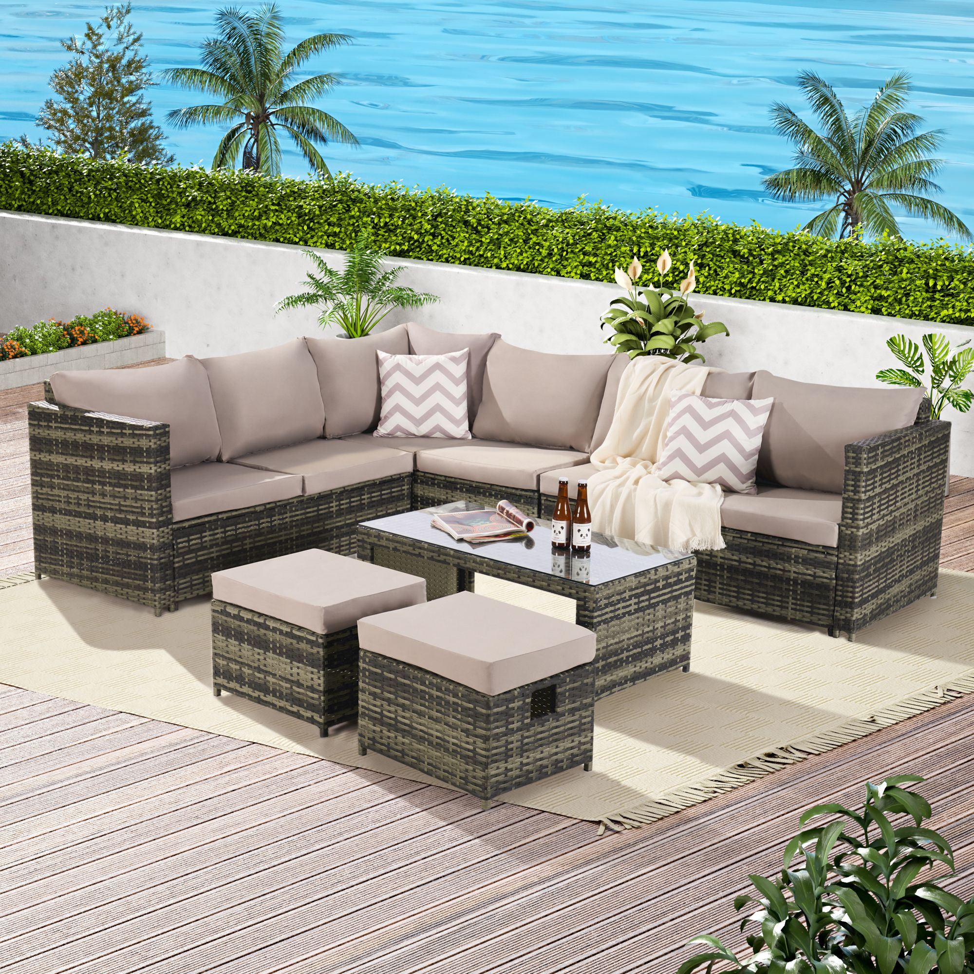 SANSTAR 6-Piece Rattan Patio Conversation Set with Gray Solution-dyed ...